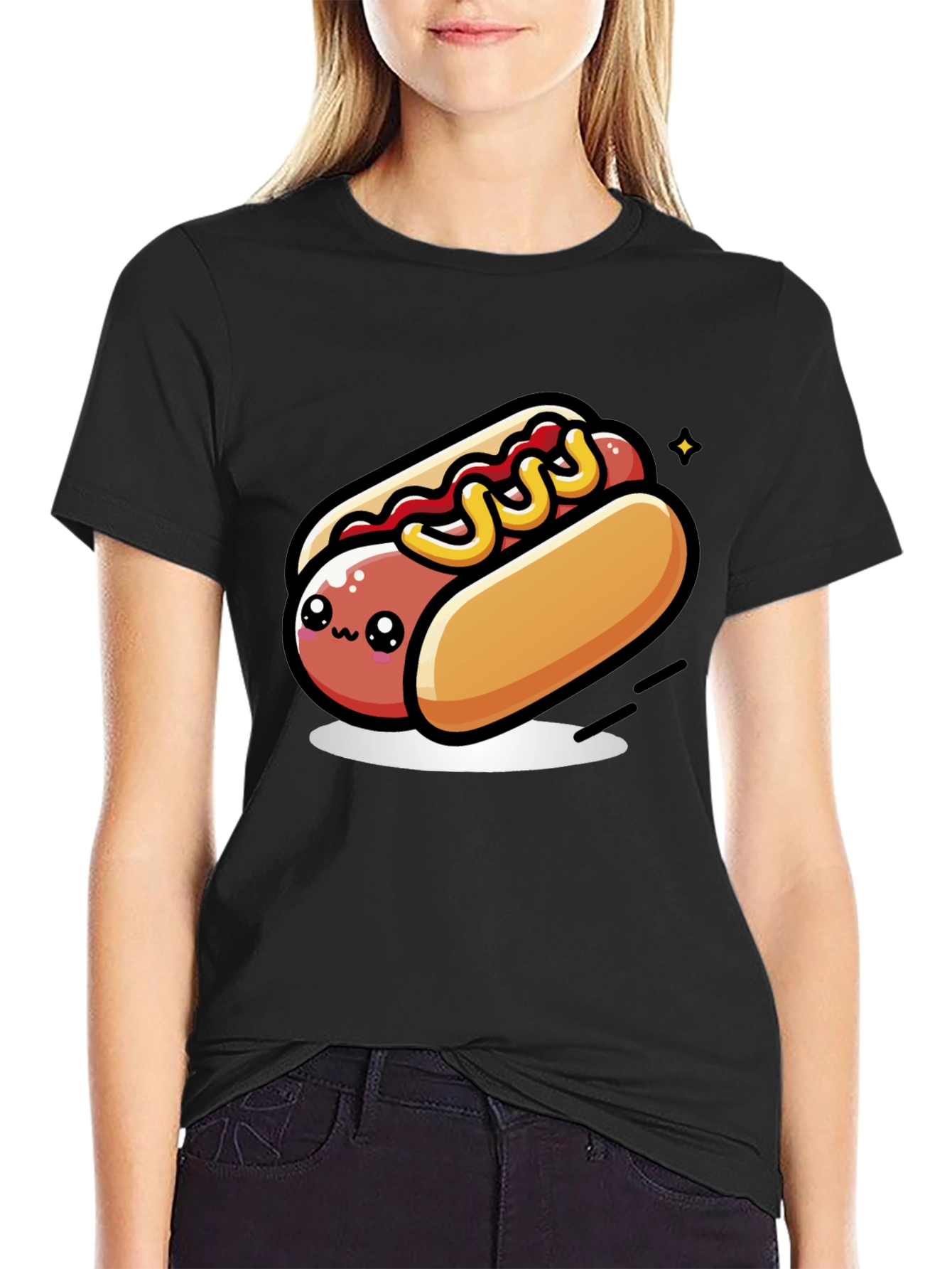 Cute Hotdog Cartoon T-Shirt - Black