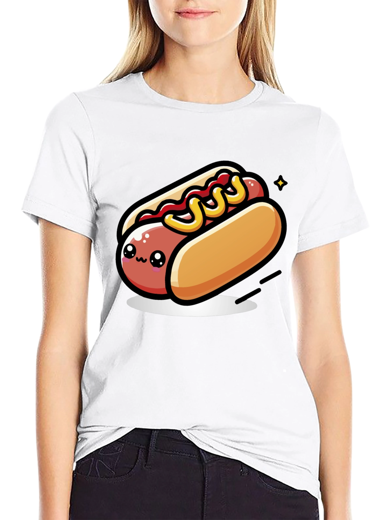 Cute Hotdog Cartoon T-Shirt - Black