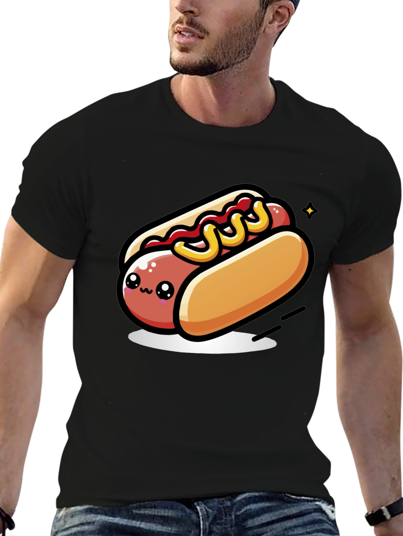 Cute Hotdog Cartoon T-Shirt - Black