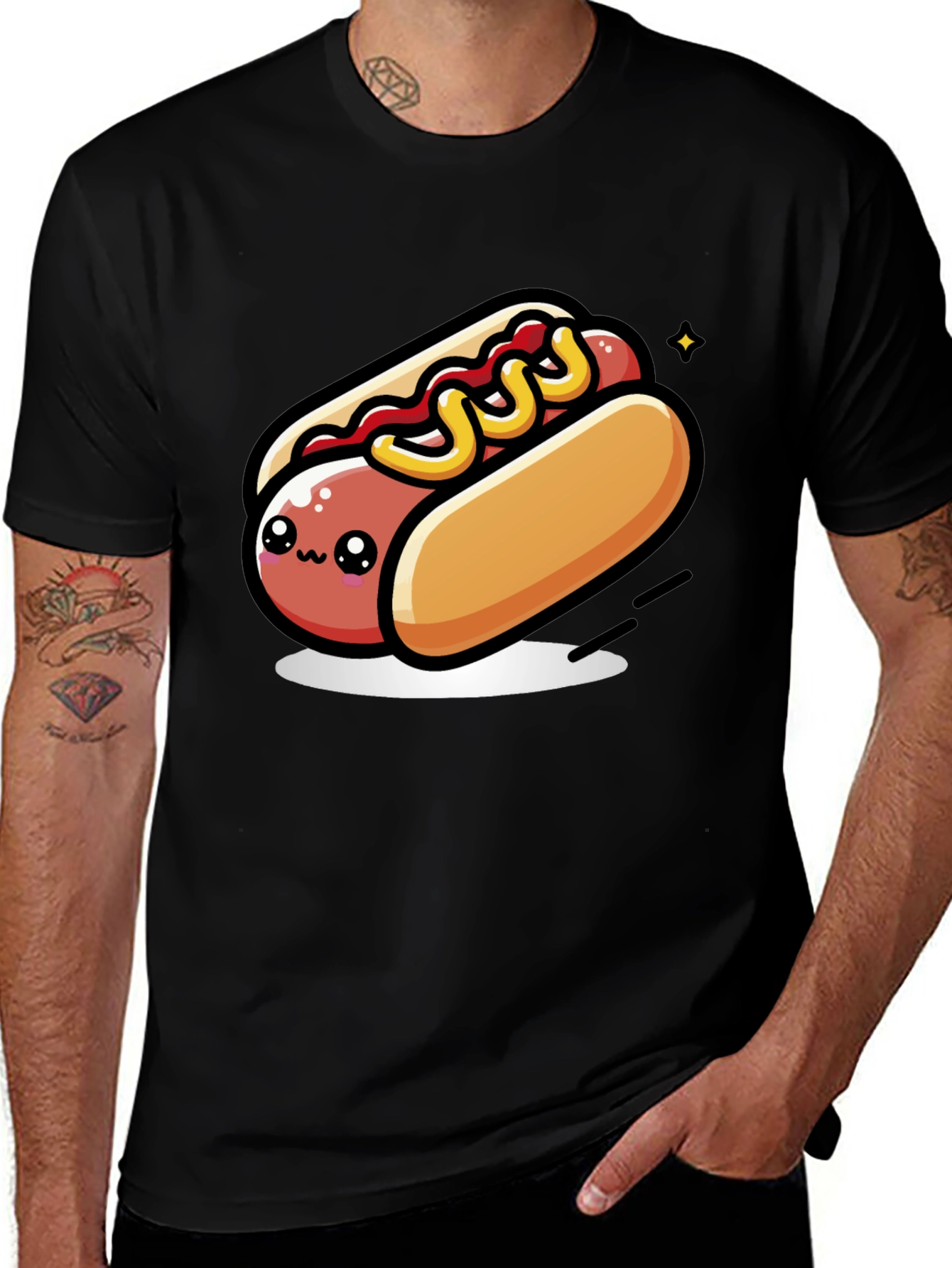 Cute Hotdog Cartoon T-Shirt - Black