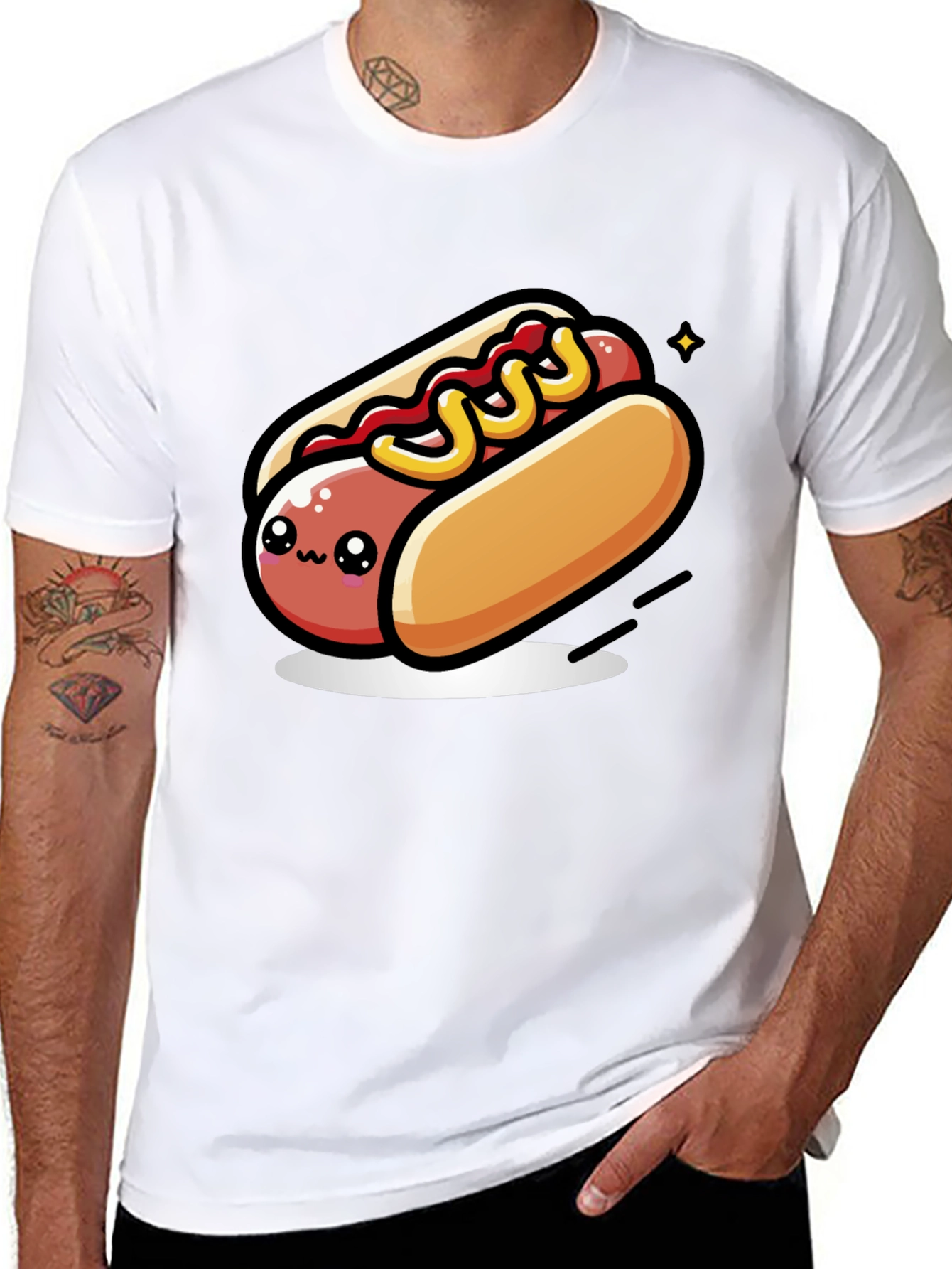 Cute Hotdog Cartoon T-Shirt - Black
