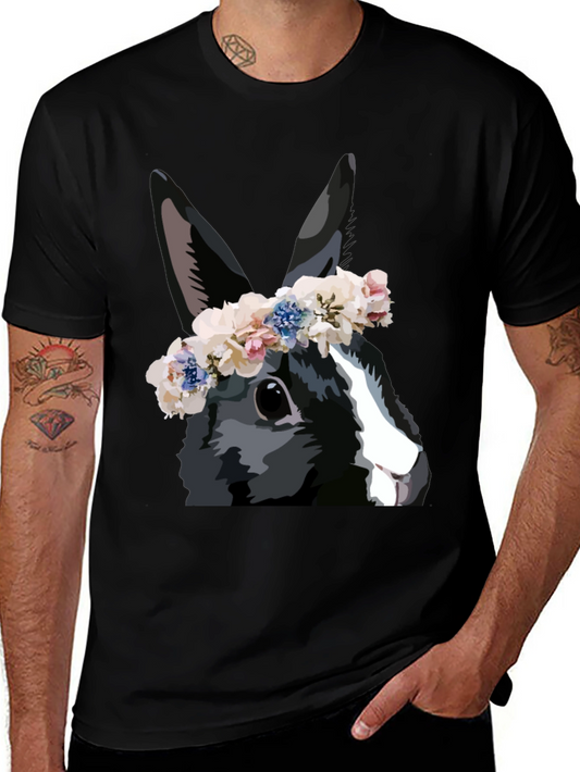 Rabbit with Flower Crown T-Shirt - Soft Black Cotton Tee