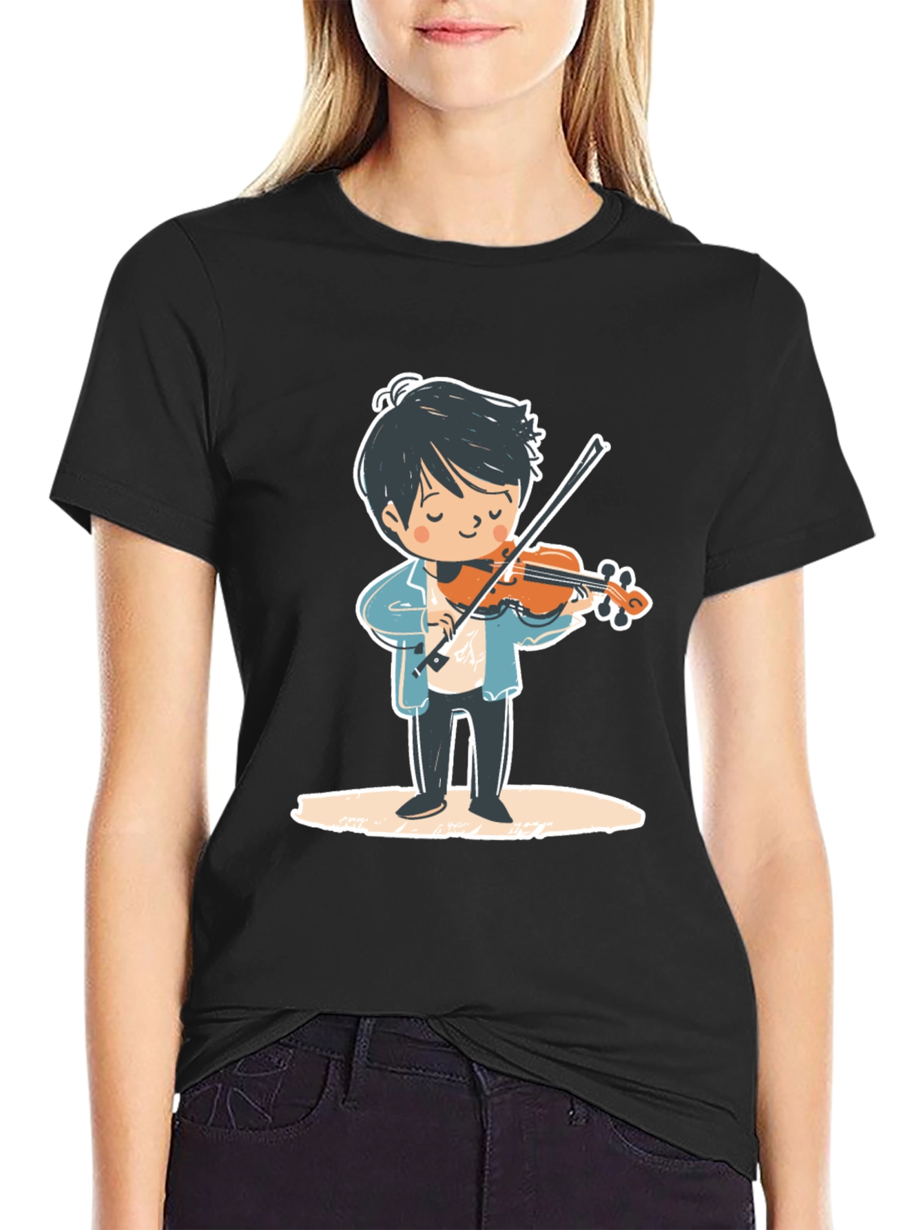 Violinist Cartoon Graphic Tee - Unisex Black T-Shirt
