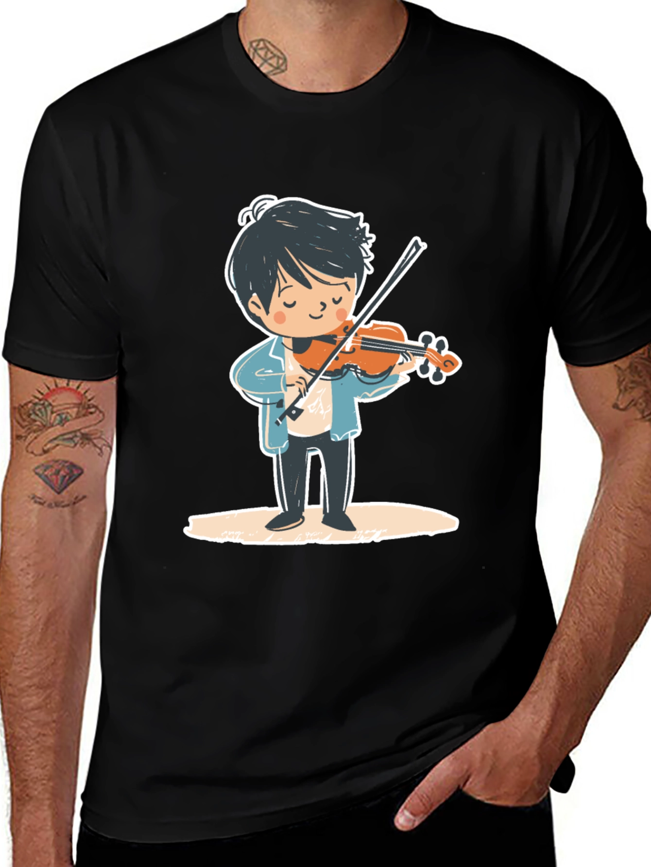 Violinist Cartoon Graphic Tee - Unisex Black T-Shirt