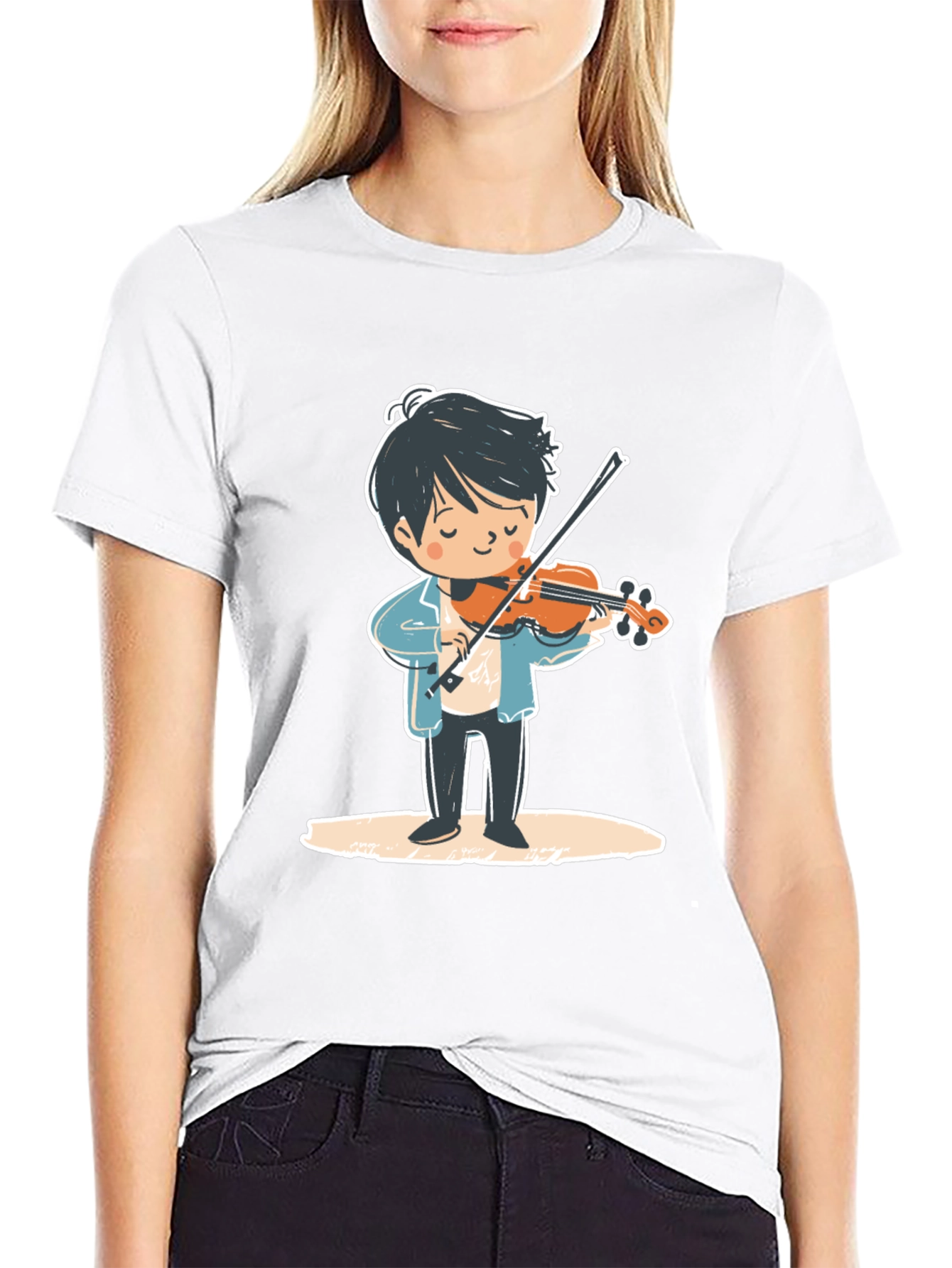 Violinist Cartoon Graphic Tee - Unisex Black T-Shirt