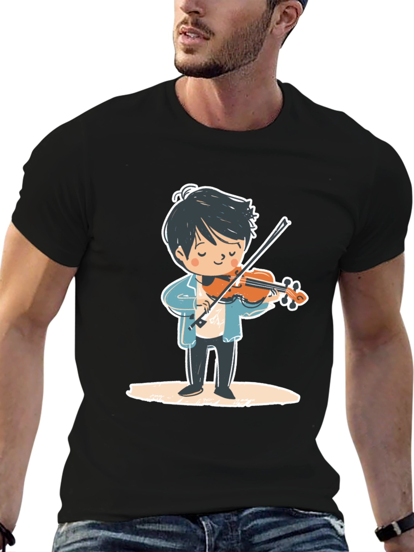Violinist Cartoon Graphic Tee - Unisex Black T-Shirt