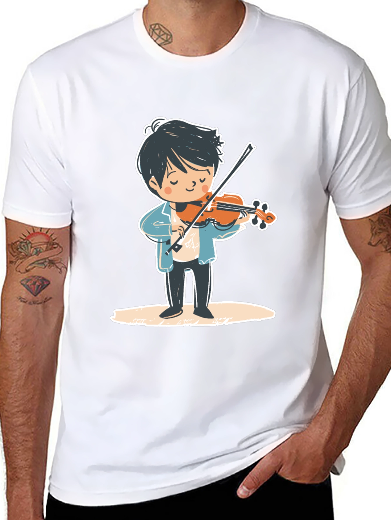 Violinist Cartoon Graphic Tee - Unisex Black T-Shirt