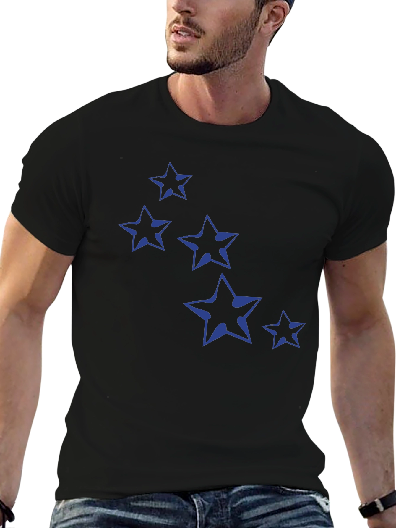 Navy Star Print Black Cotton T-Shirt