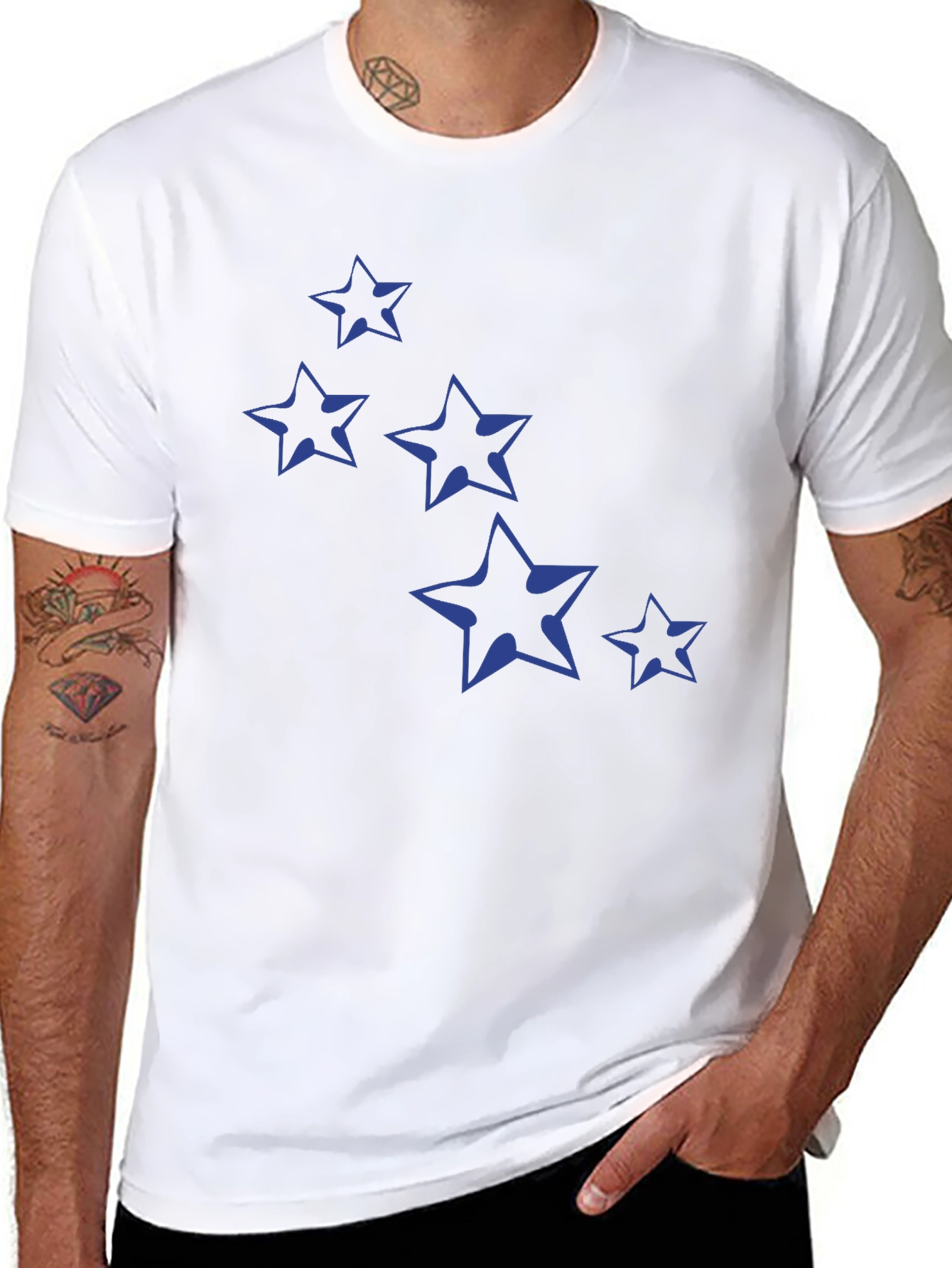 Navy Star Print Black Cotton T-Shirt