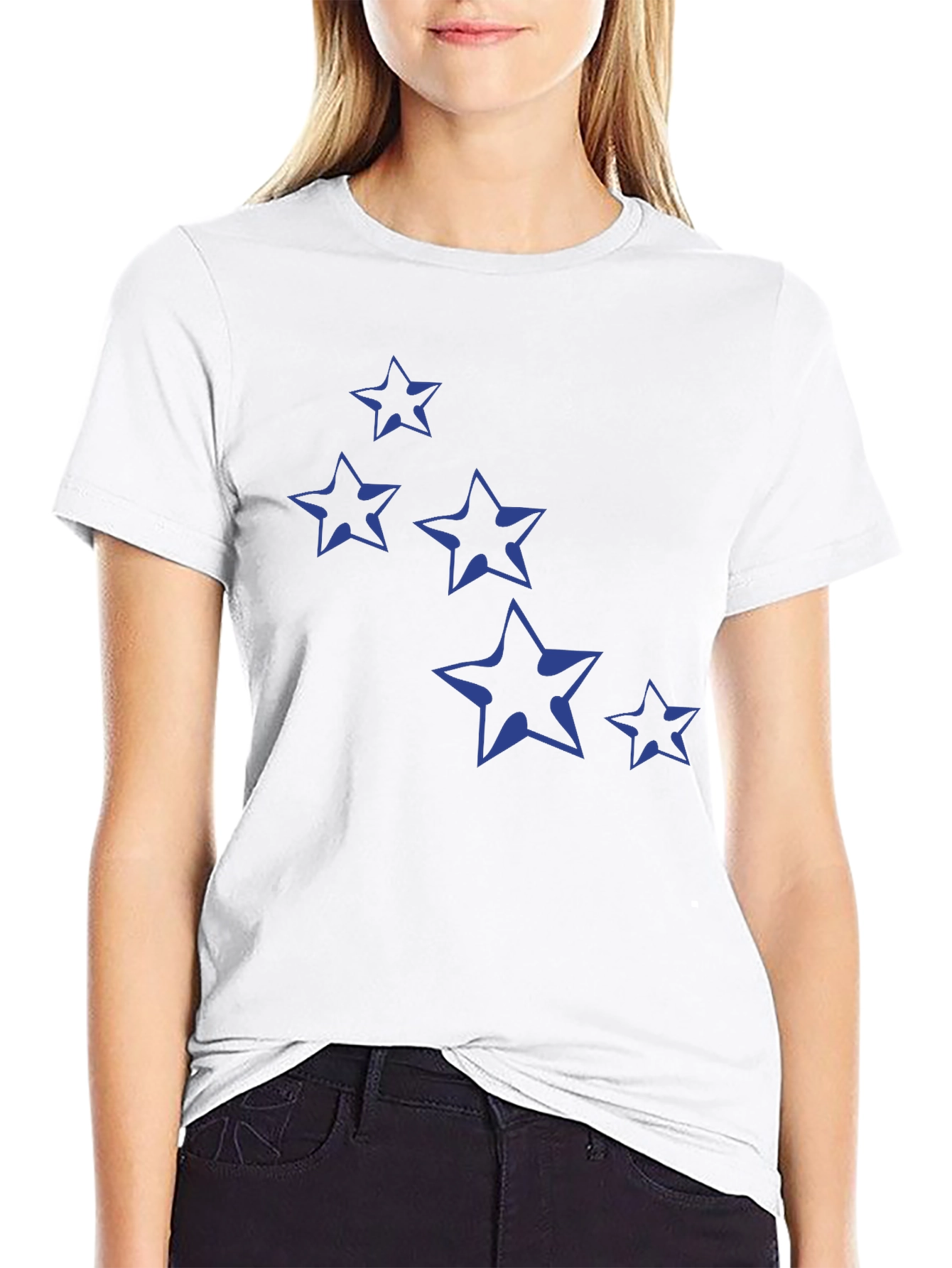 Navy Star Print Black Cotton T-Shirt