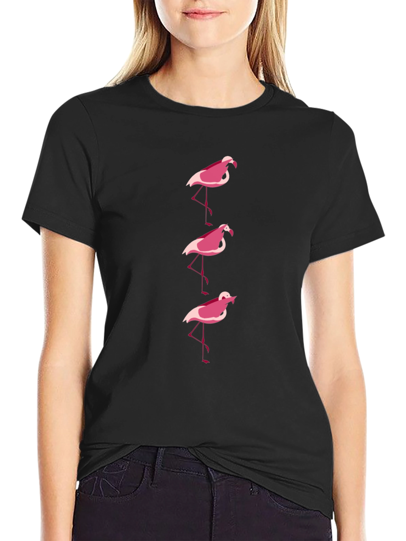 Pink Flamingo Graphic Tee - Black Cotton Casual Shirt