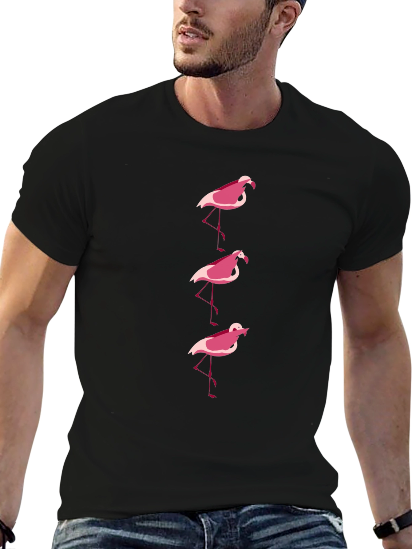 Pink Flamingo Graphic Tee - Black Cotton Casual Shirt