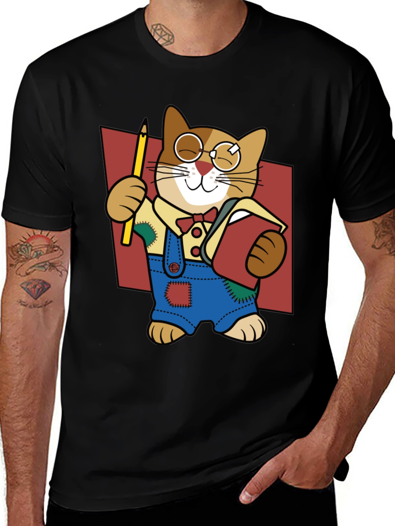 Quirky Cartoon Cat Graphic Tee - Black