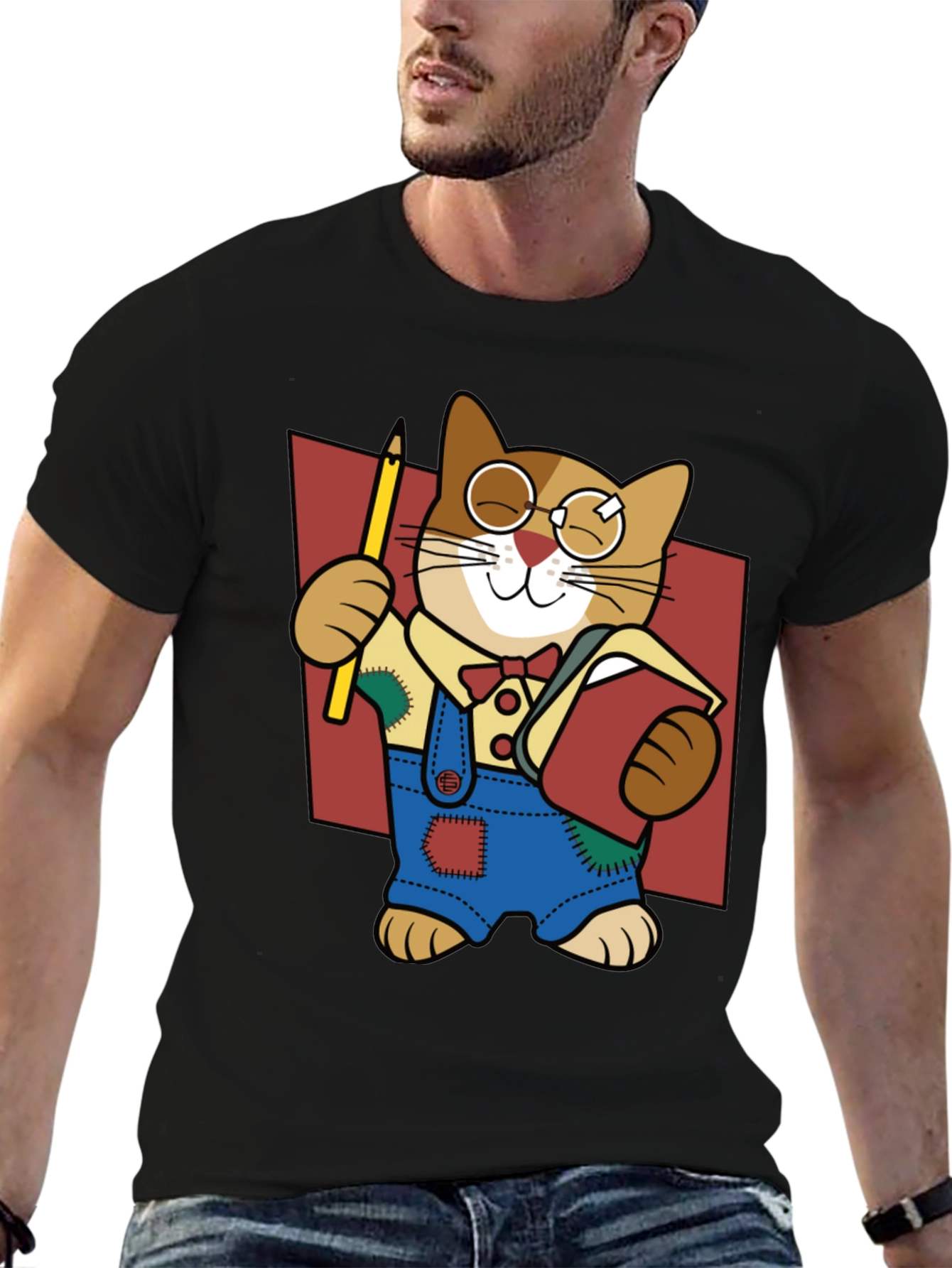 Quirky Cartoon Cat Graphic Tee - Black