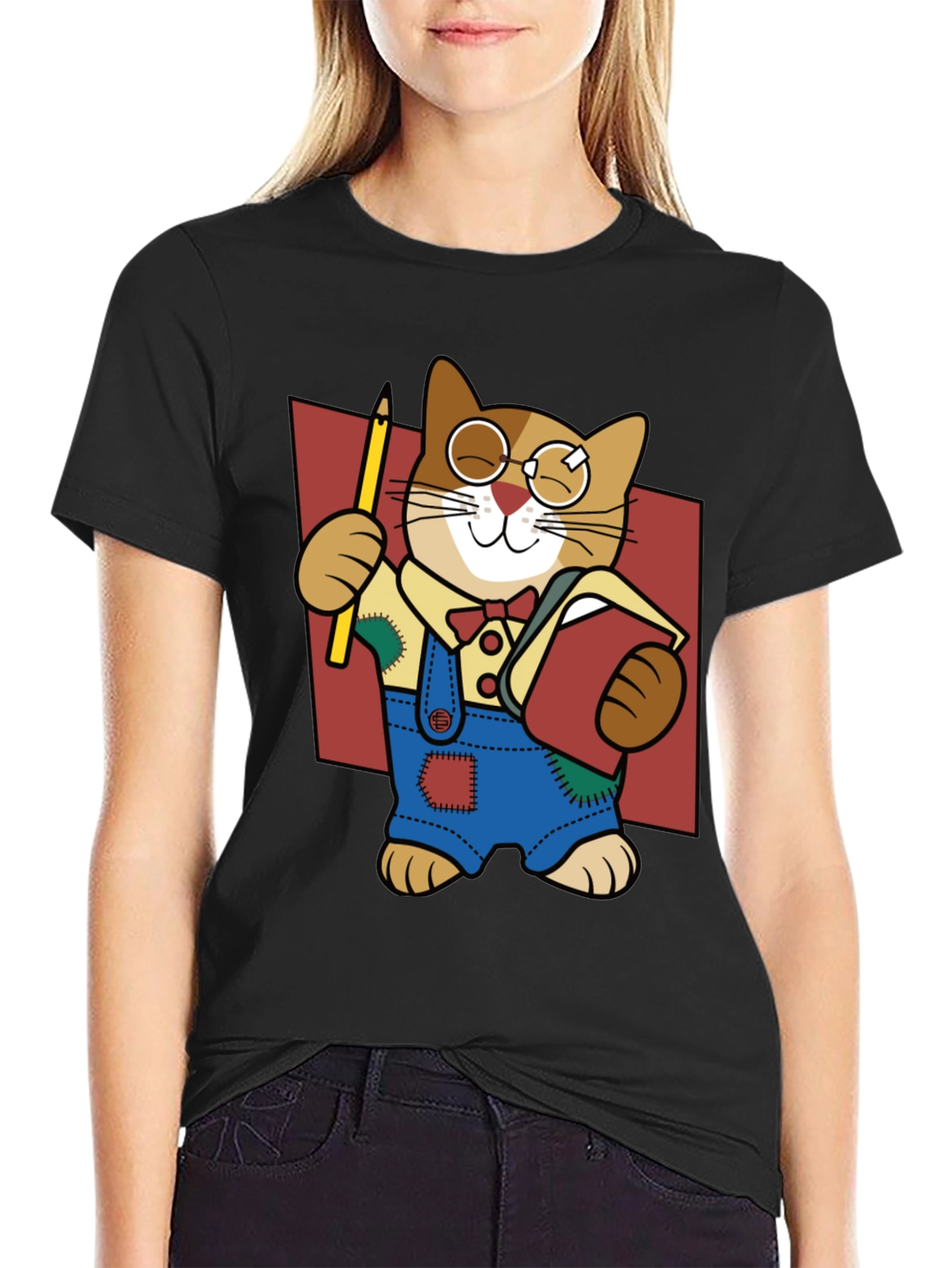 Quirky Cartoon Cat Graphic Tee - Black