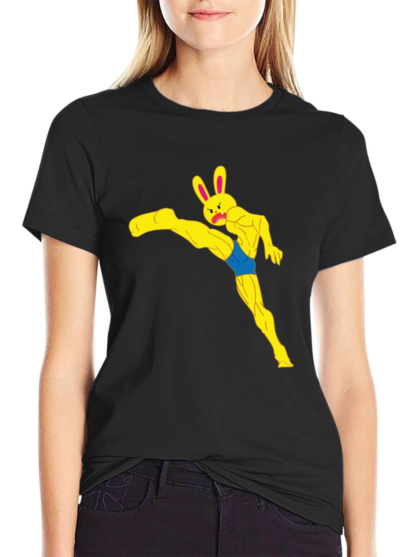 Funny Muscle Bunny Graphic Tee - Black