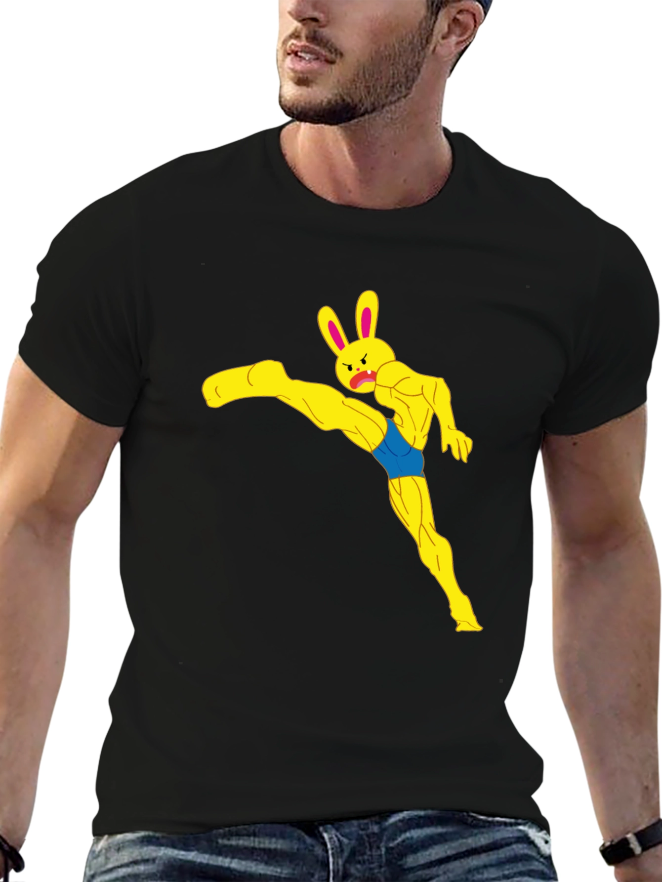 Funny Muscle Bunny Graphic Tee - Black