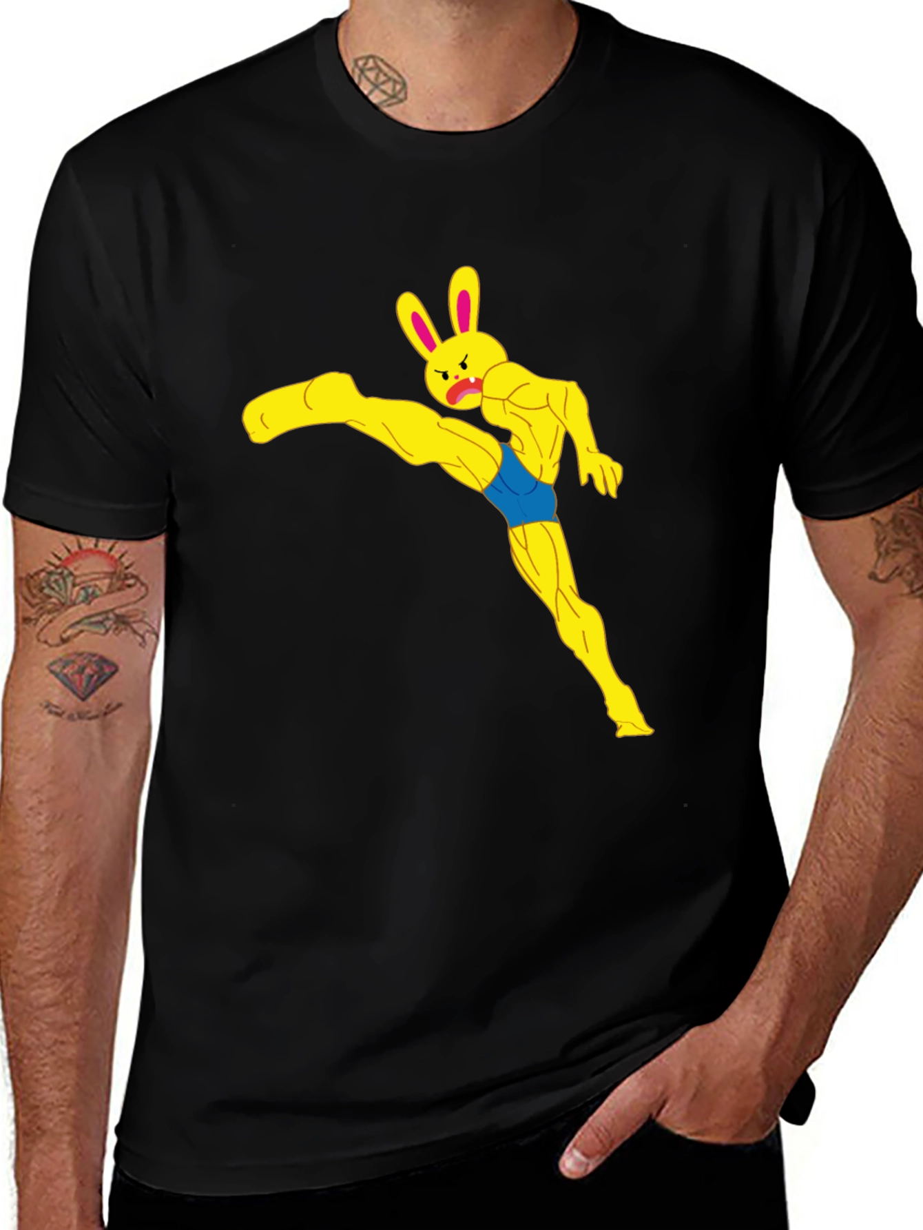 Funny Muscle Bunny Graphic Tee - Black