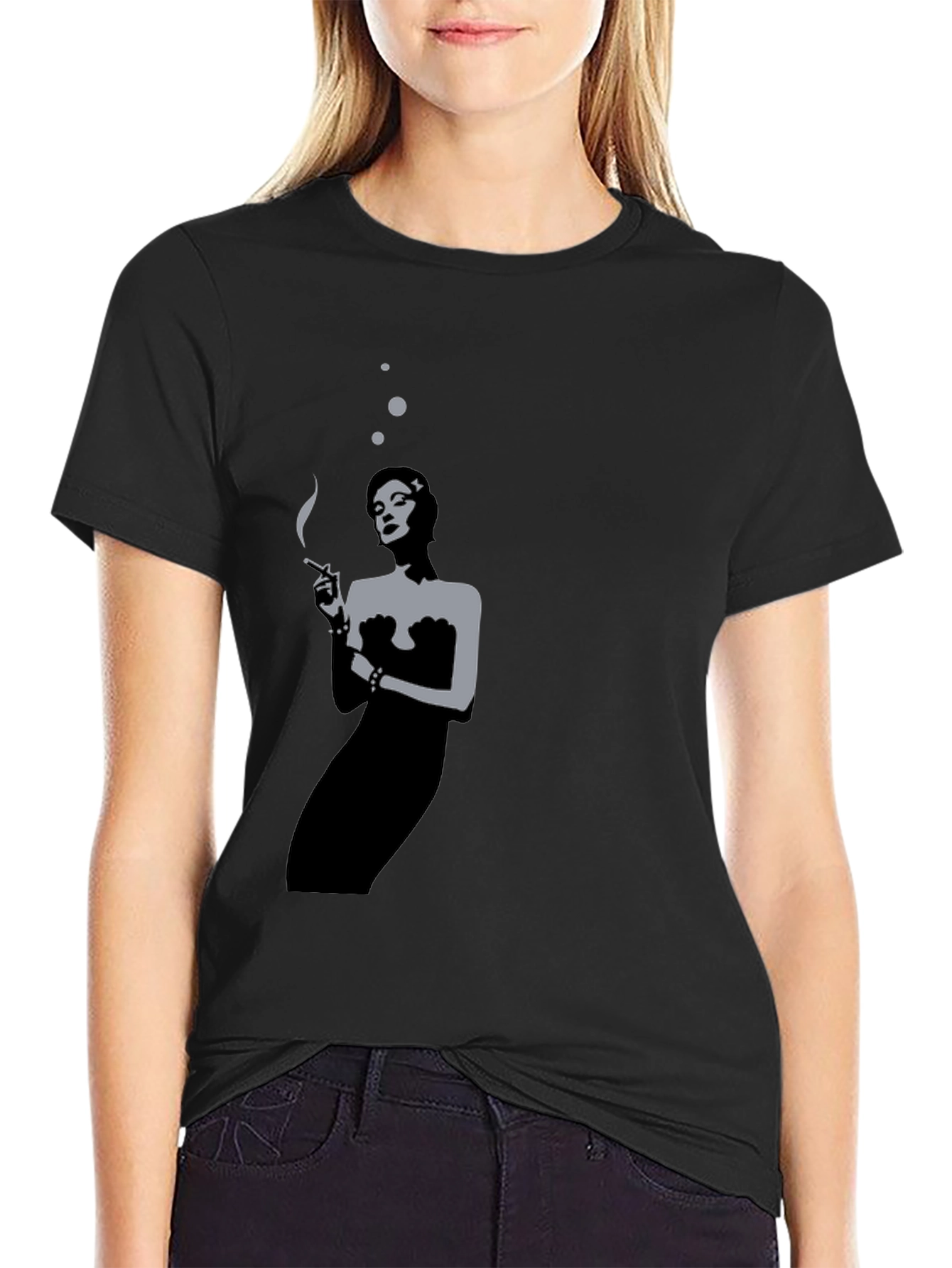 Retro Smoking Woman Black T-Shirt