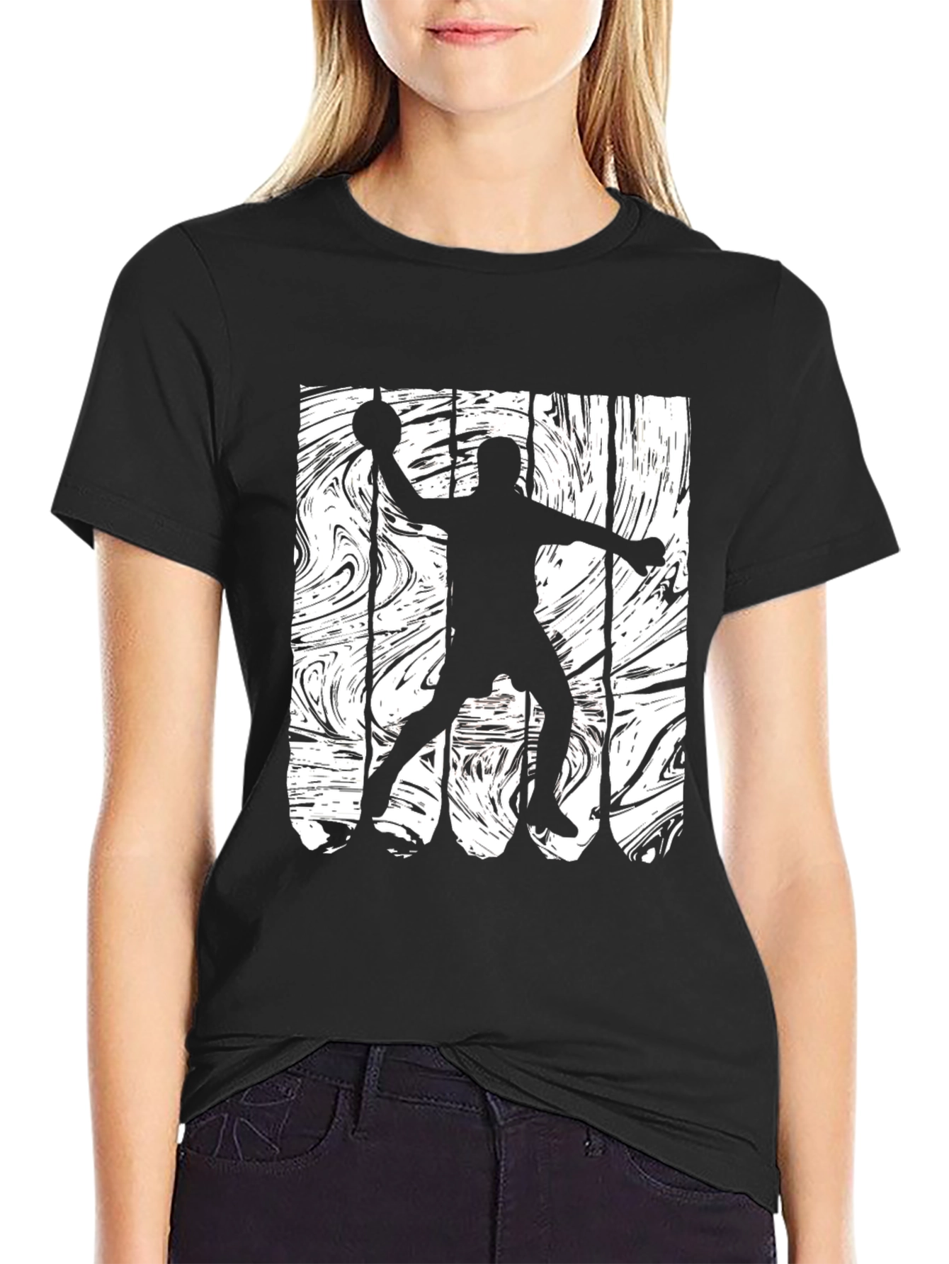 Handball Player Silhouette Graphic Tee - Black
