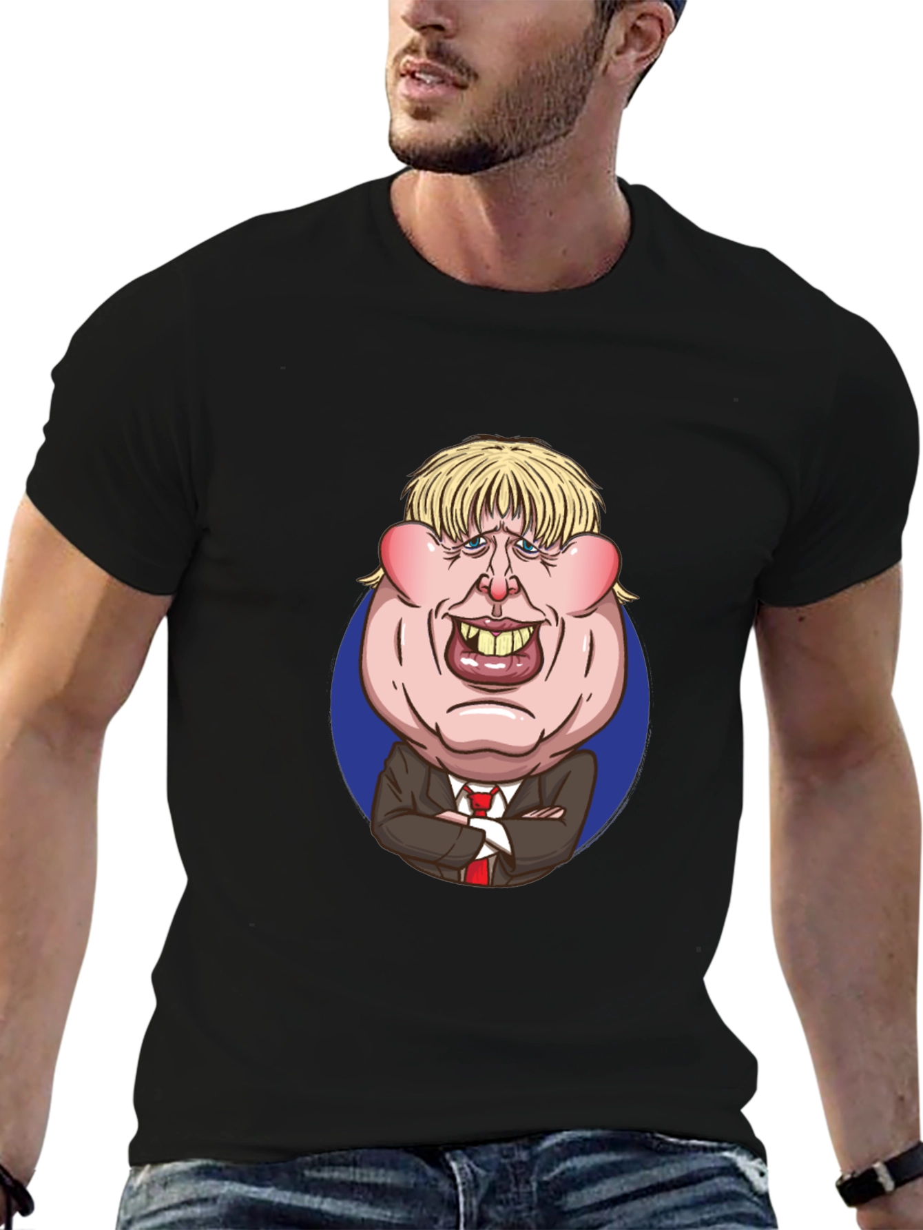 Cartoon Politician Graphic T-Shirt - Black Cotton Tee