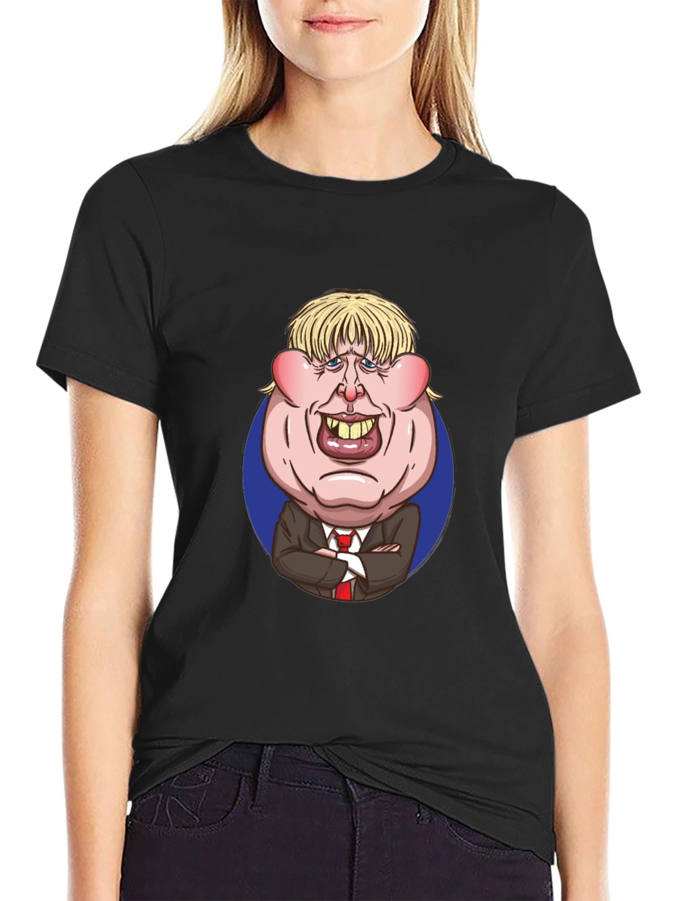 Cartoon Politician Graphic T-Shirt - Black Cotton Tee