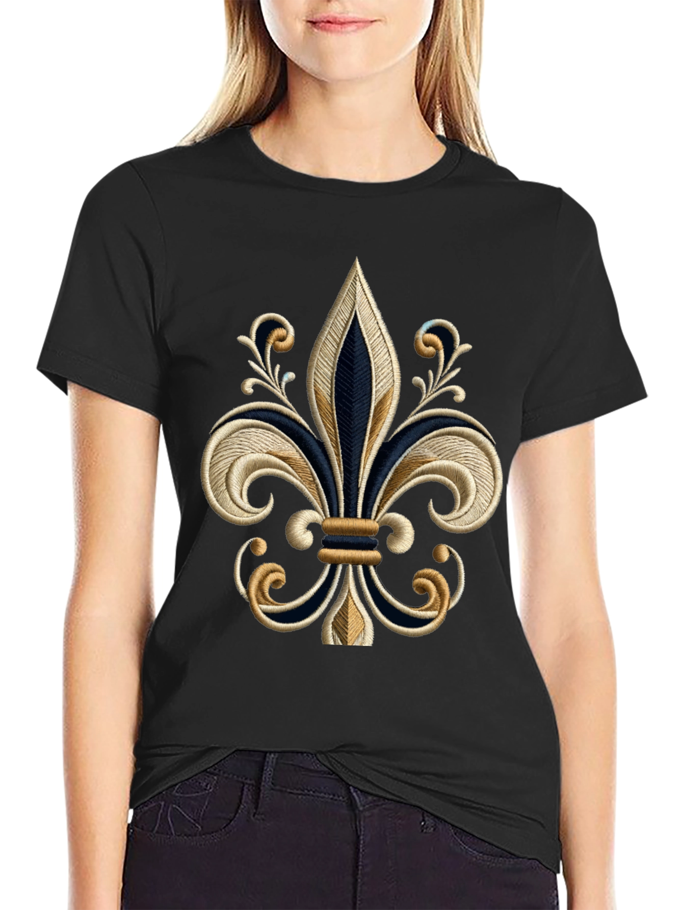 Embroidered Fleur-de-lis Black T-Shirt