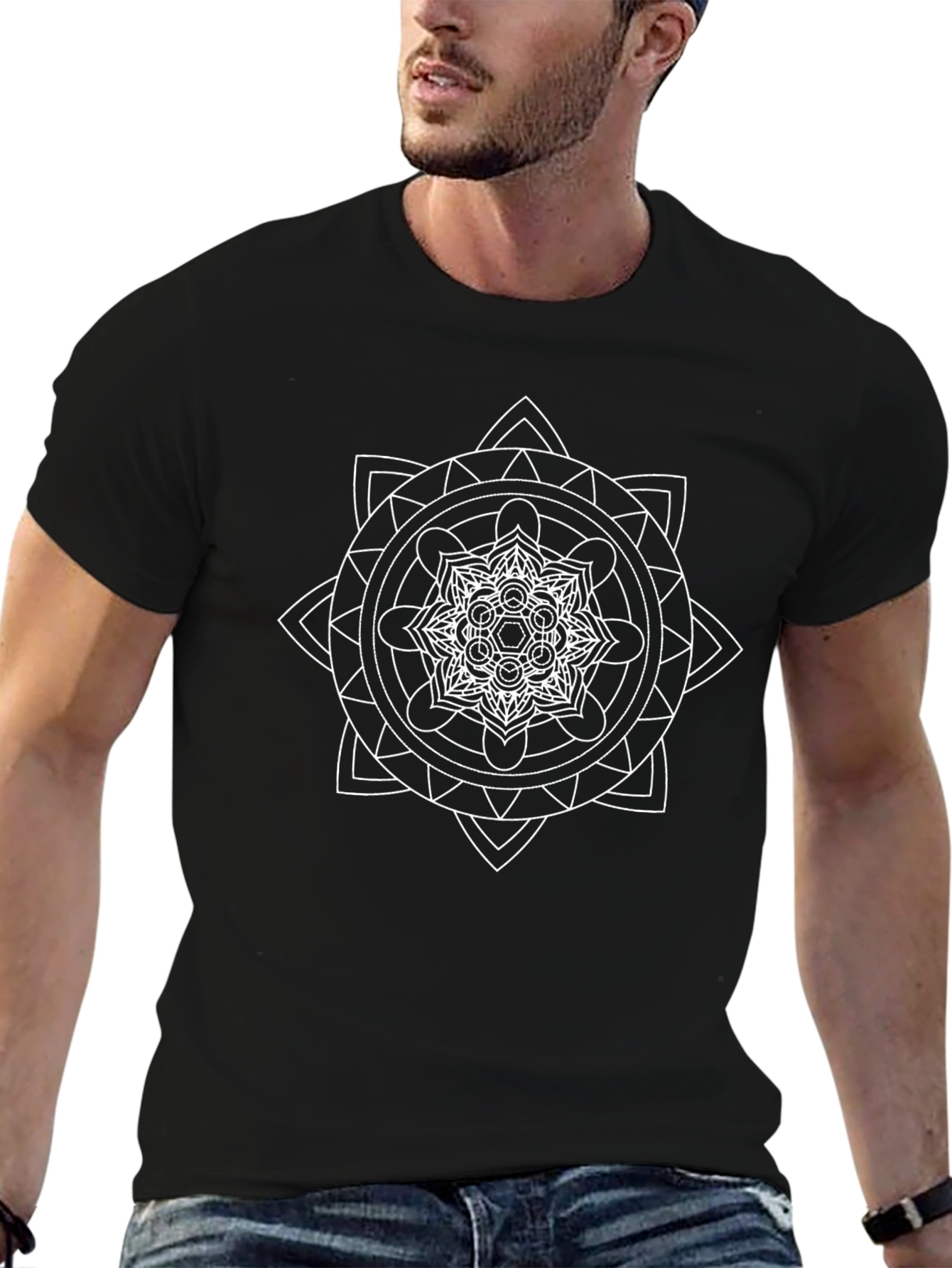 Geometric Mandala Graphic Tee - Black Cotton Comfort