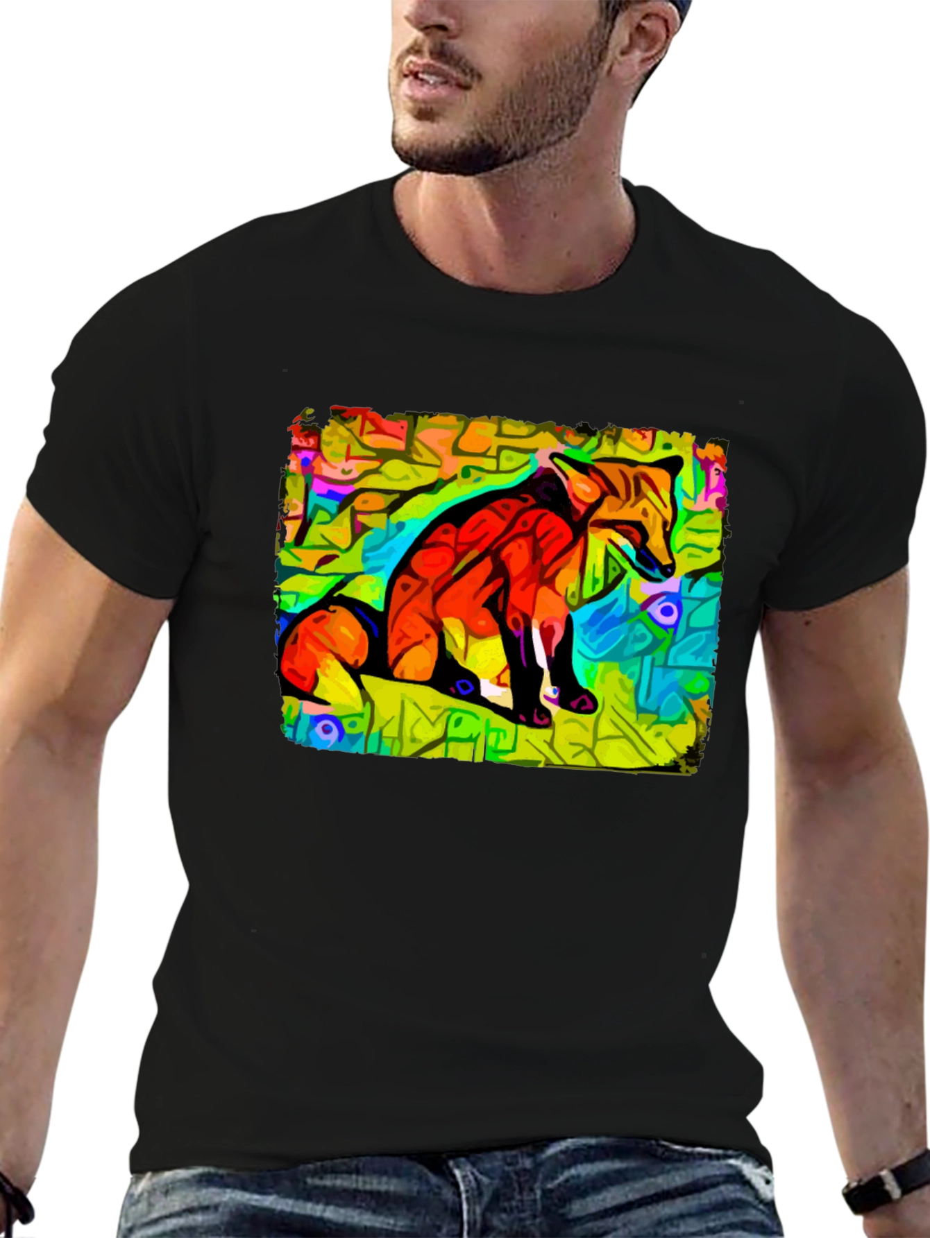 Abstract Fox Graphic Tee - Unique Black Cotton T-Shirt