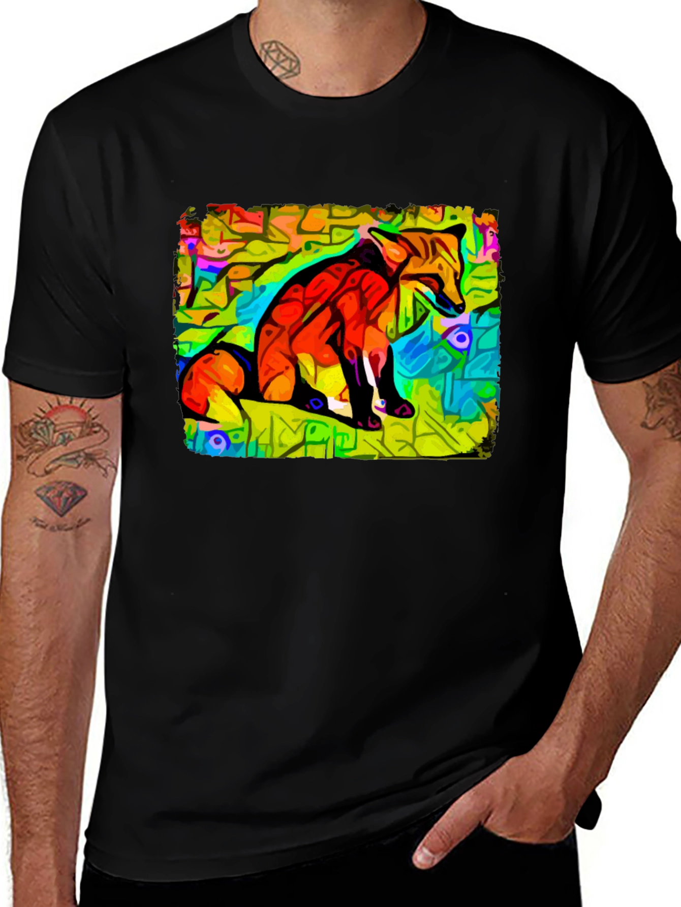 Abstract Fox Graphic Tee - Unique Black Cotton T-Shirt