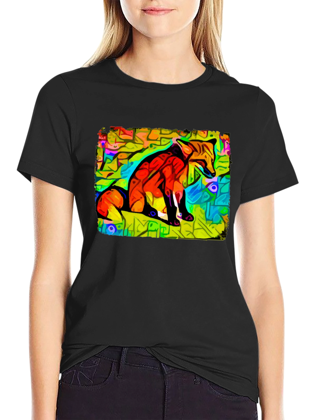 Abstract Fox Graphic Tee - Unique Black Cotton T-Shirt