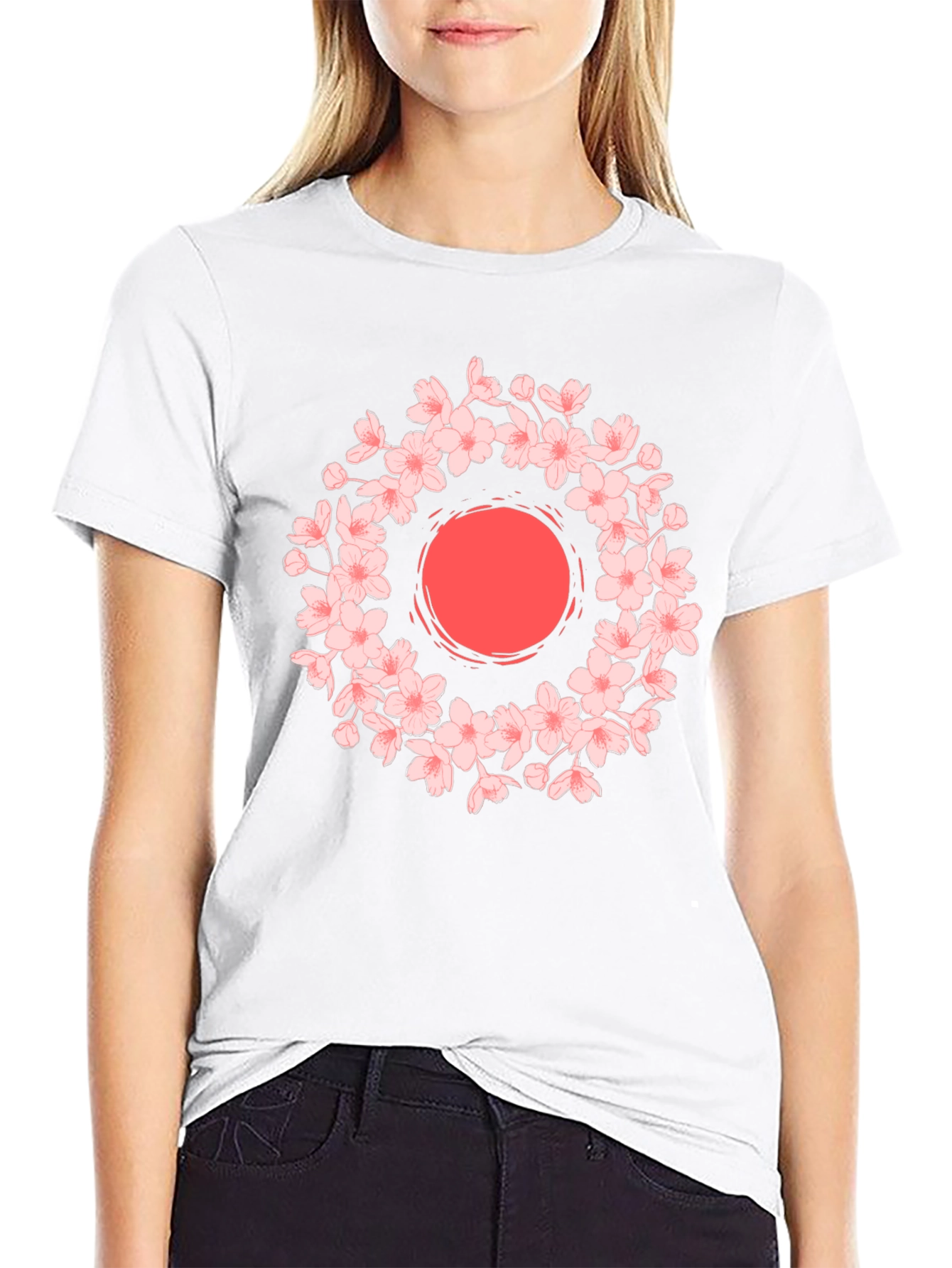 Cherry Blossom Sun Graphic Tee - Black Cotton Blend