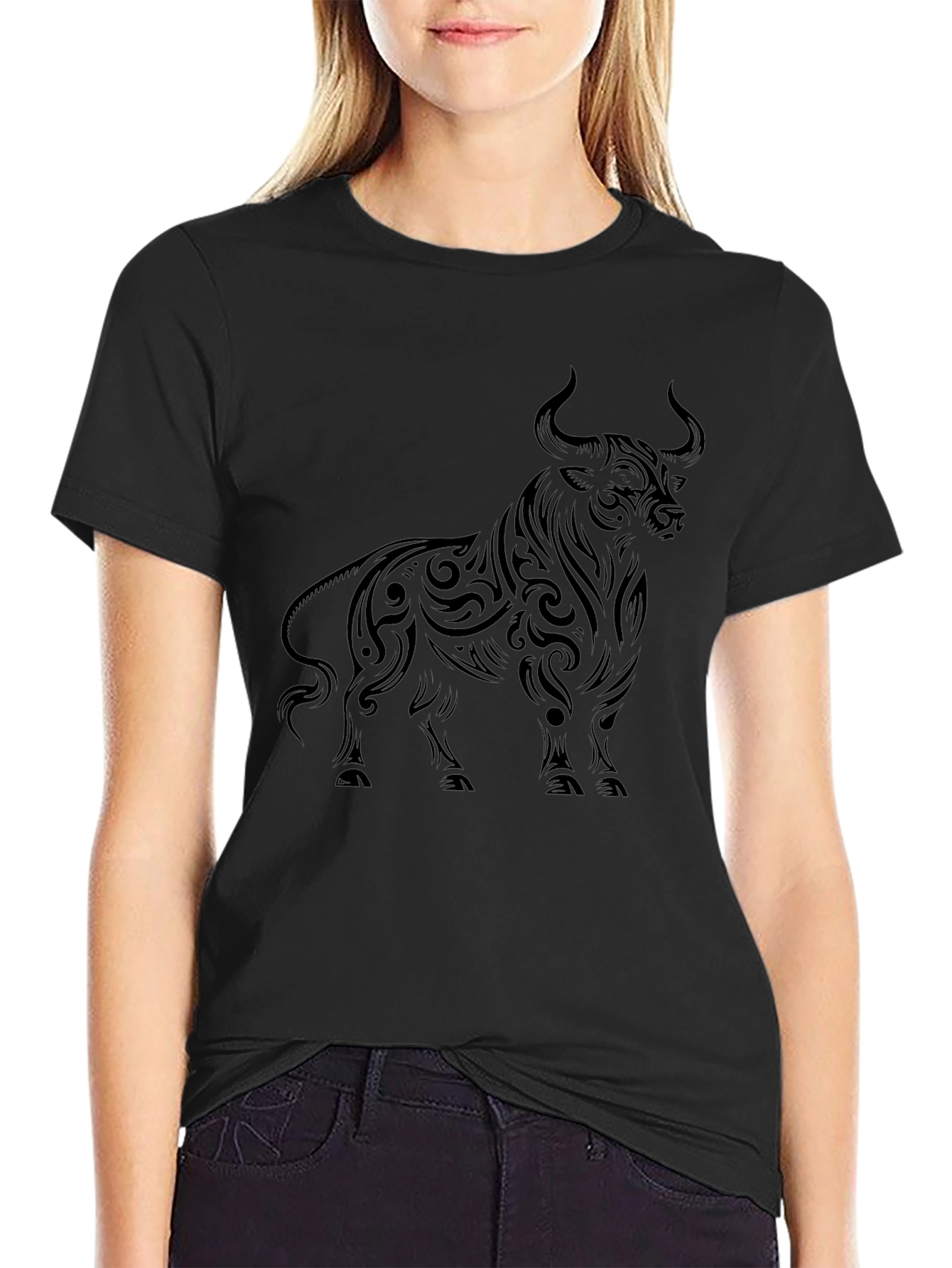 Mens Black Bull Graphic Tee - Tribal Art Style