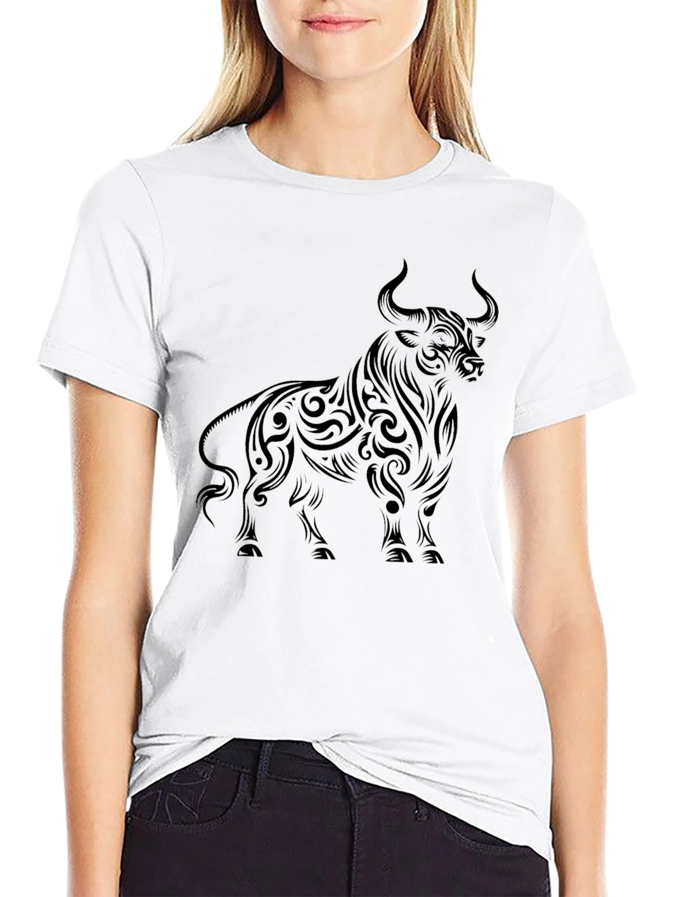 Mens Black Bull Graphic Tee - Tribal Art Style