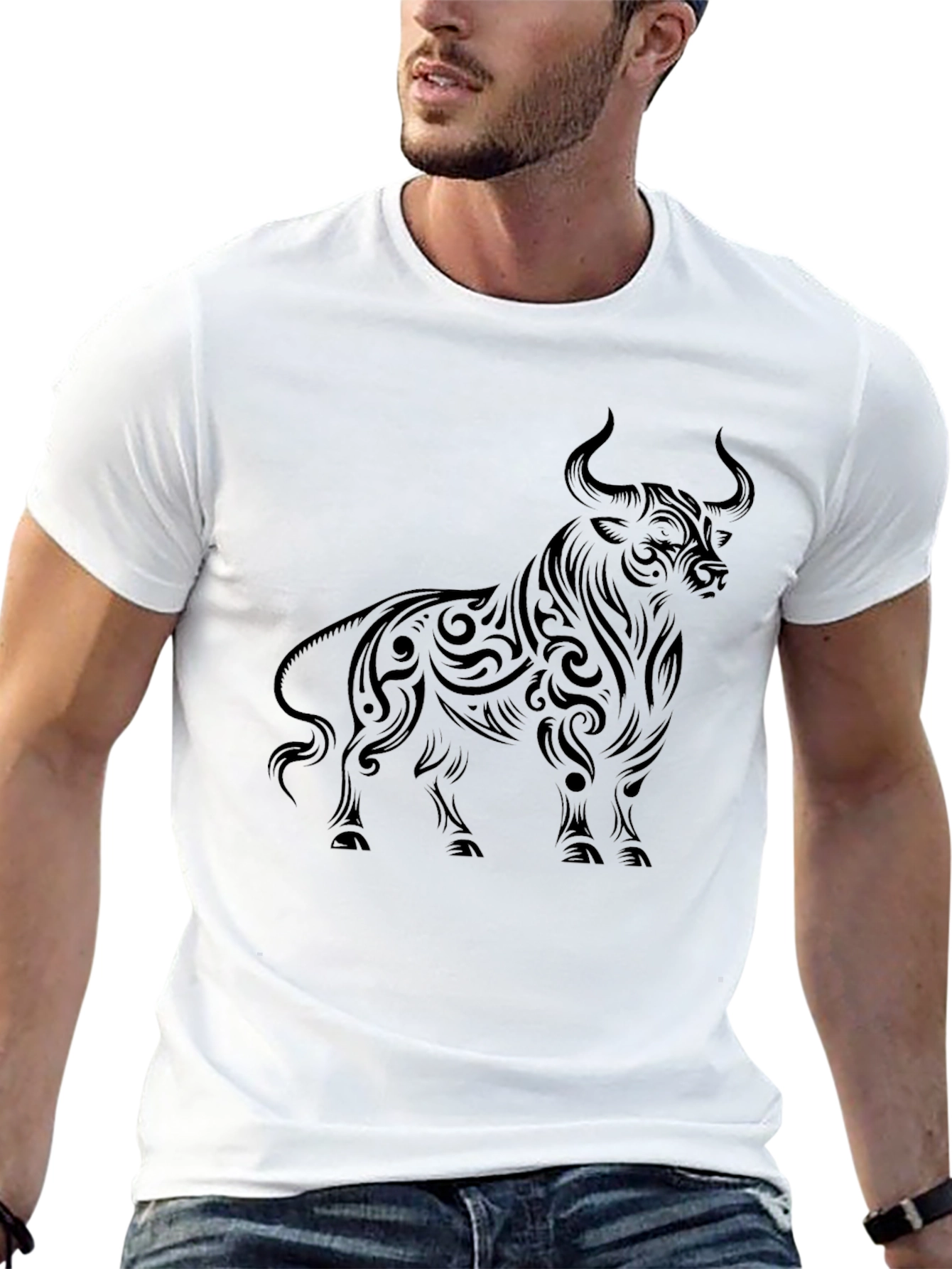 Mens Black Bull Graphic Tee - Tribal Art Style