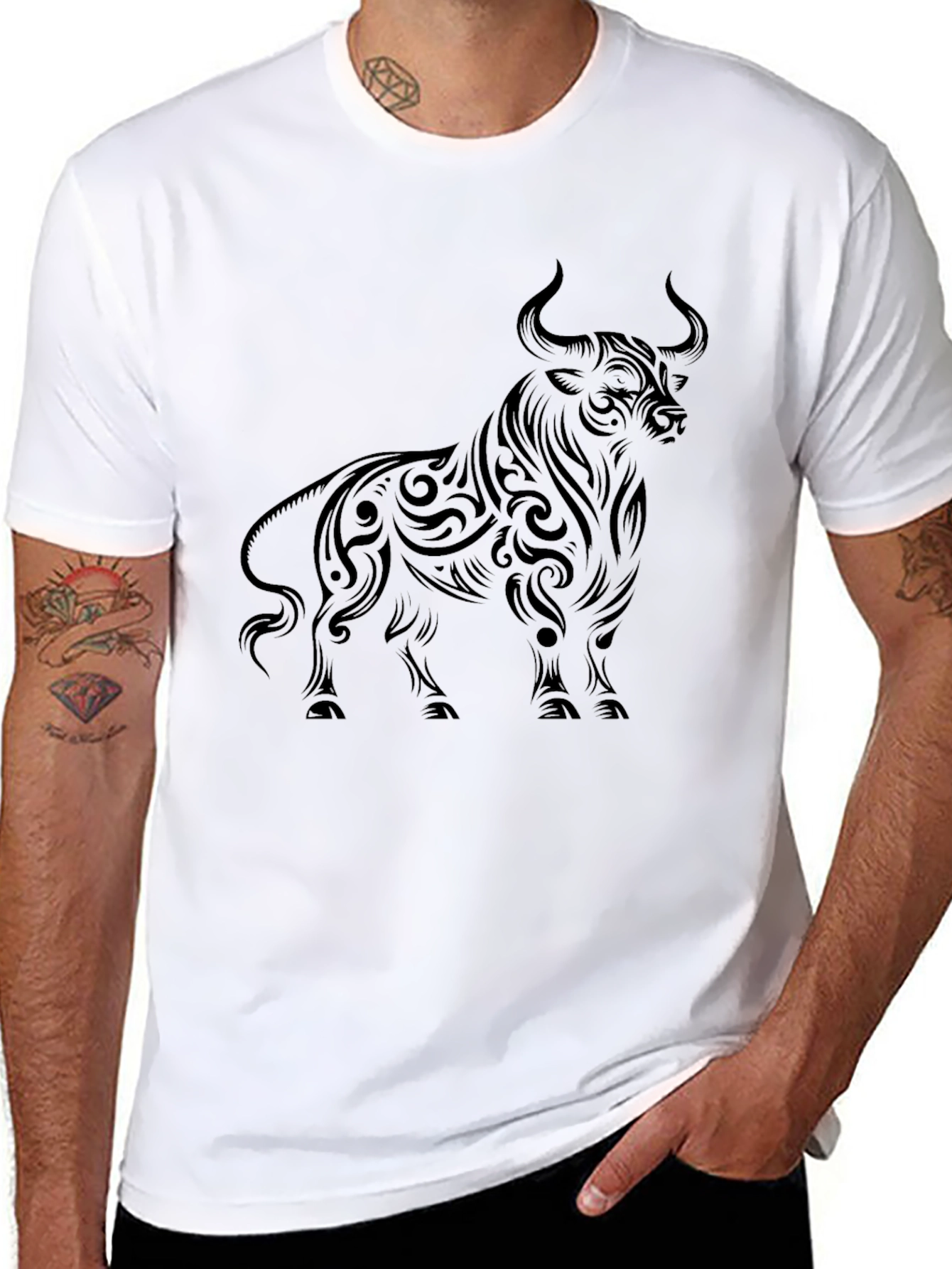 Mens Black Bull Graphic Tee - Tribal Art Style