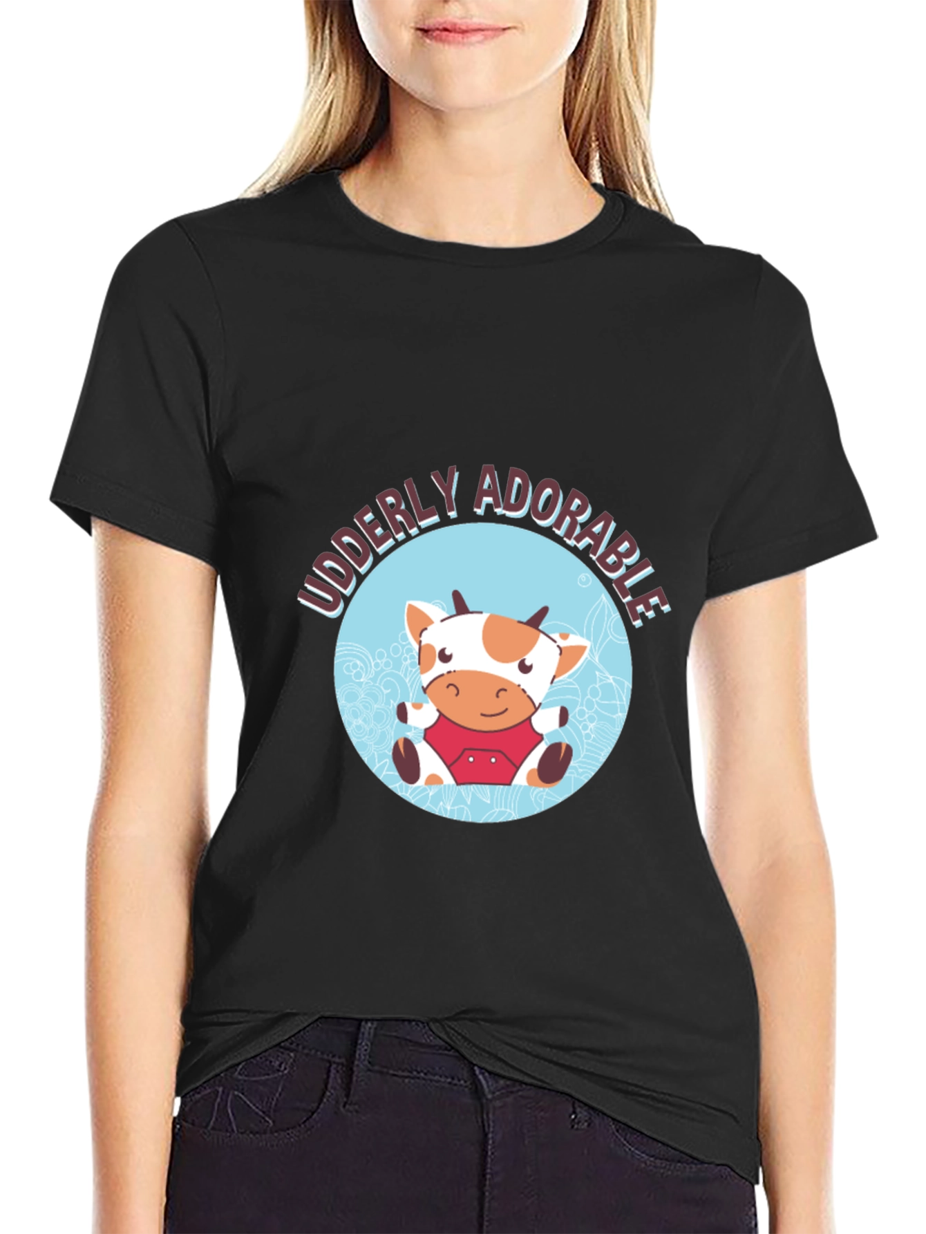 Udderly Adorable Cow Graphic Tee - Black