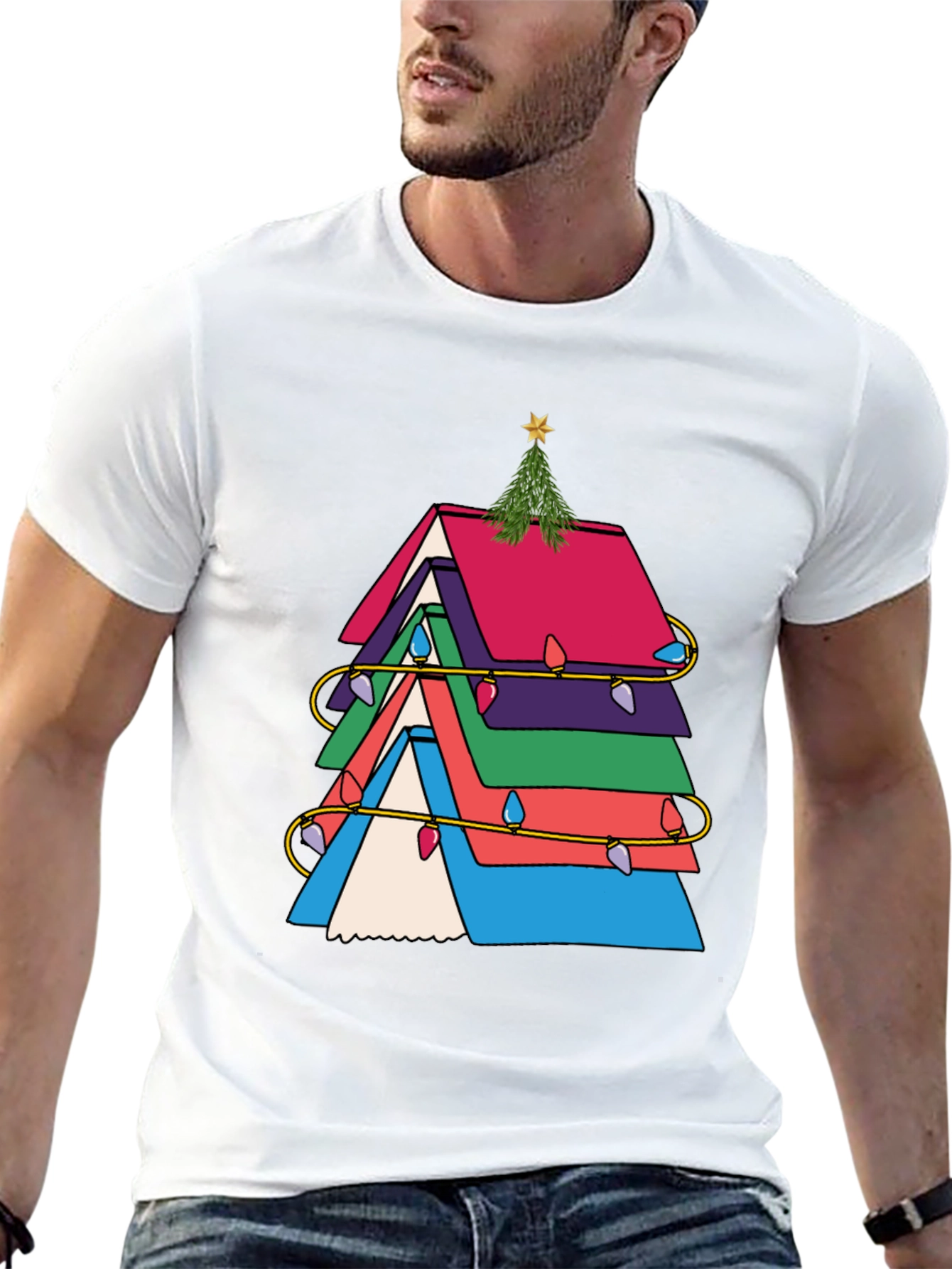 Festive Book Stack Christmas Tree T-Shirt
