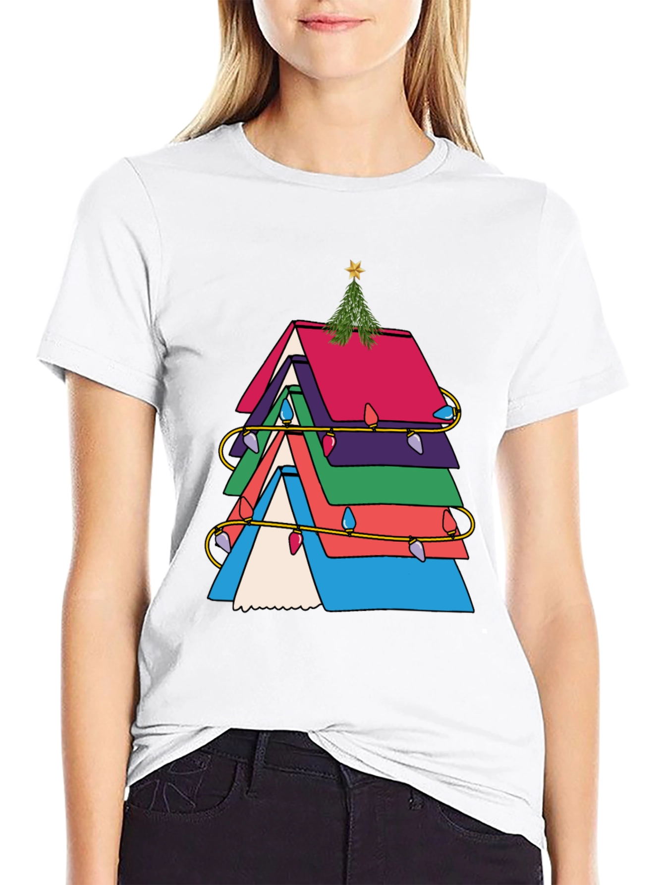 Festive Book Stack Christmas Tree T-Shirt