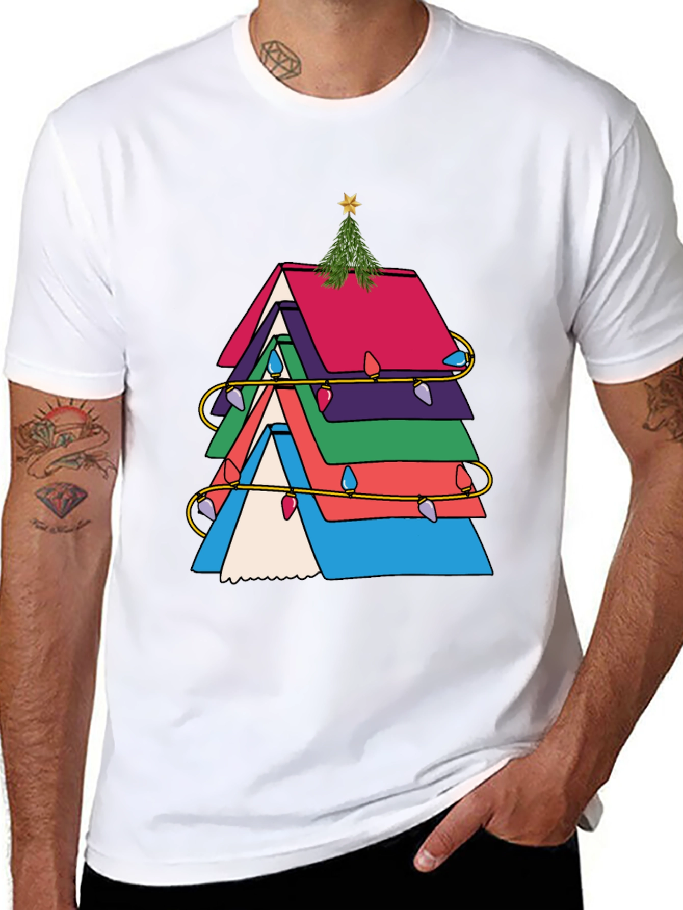 Festive Book Stack Christmas Tree T-Shirt
