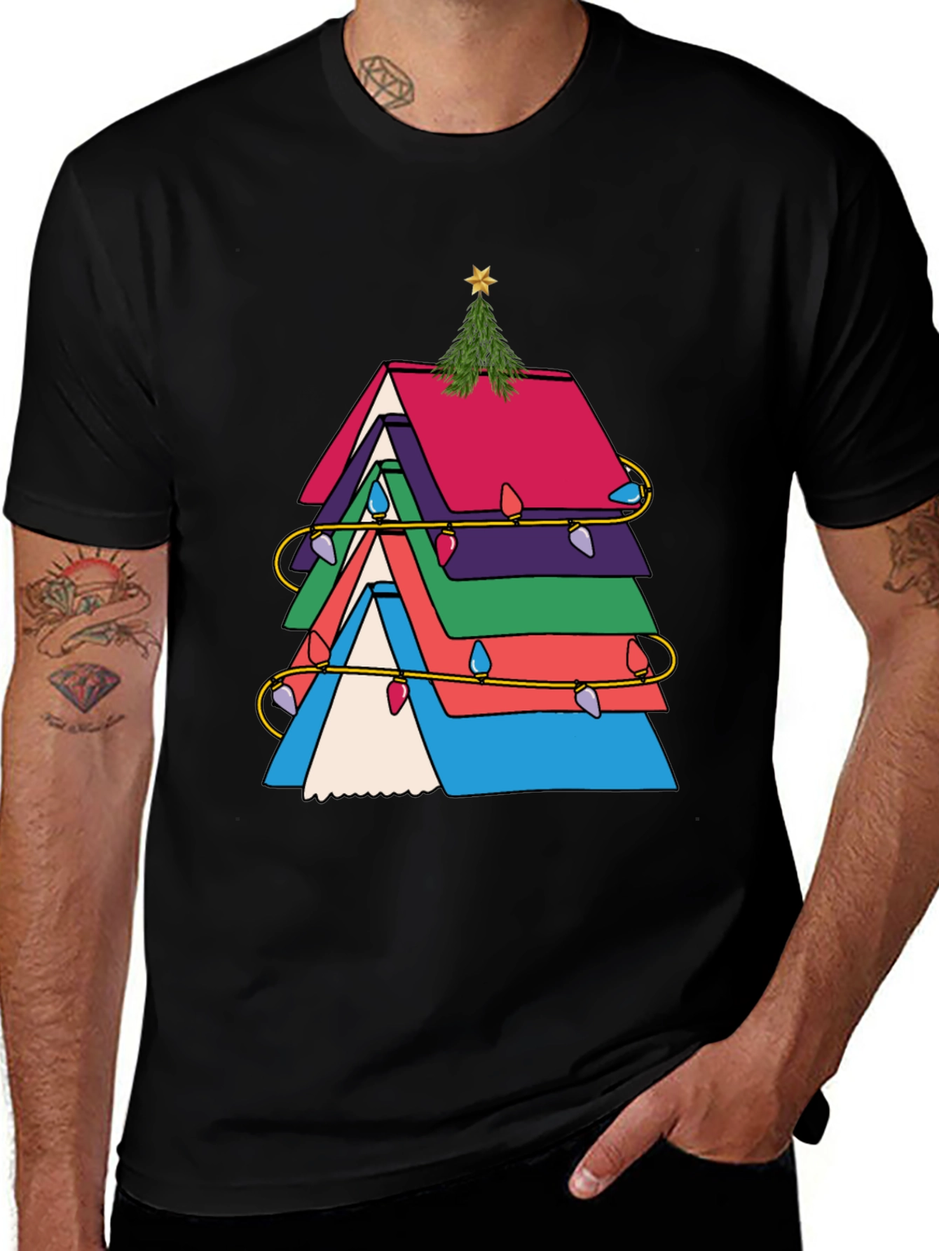Festive Book Stack Christmas Tree T-Shirt