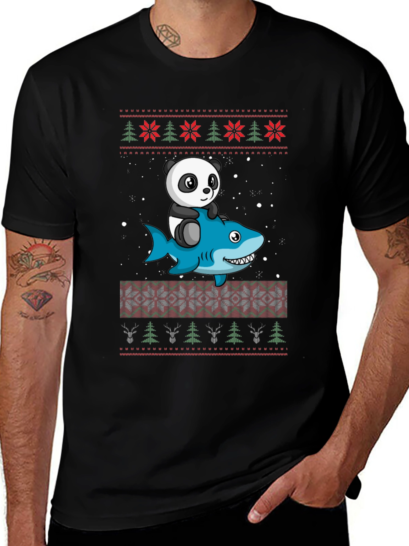 Panda Riding Shark Ugly Christmas Sweater T-Shirt