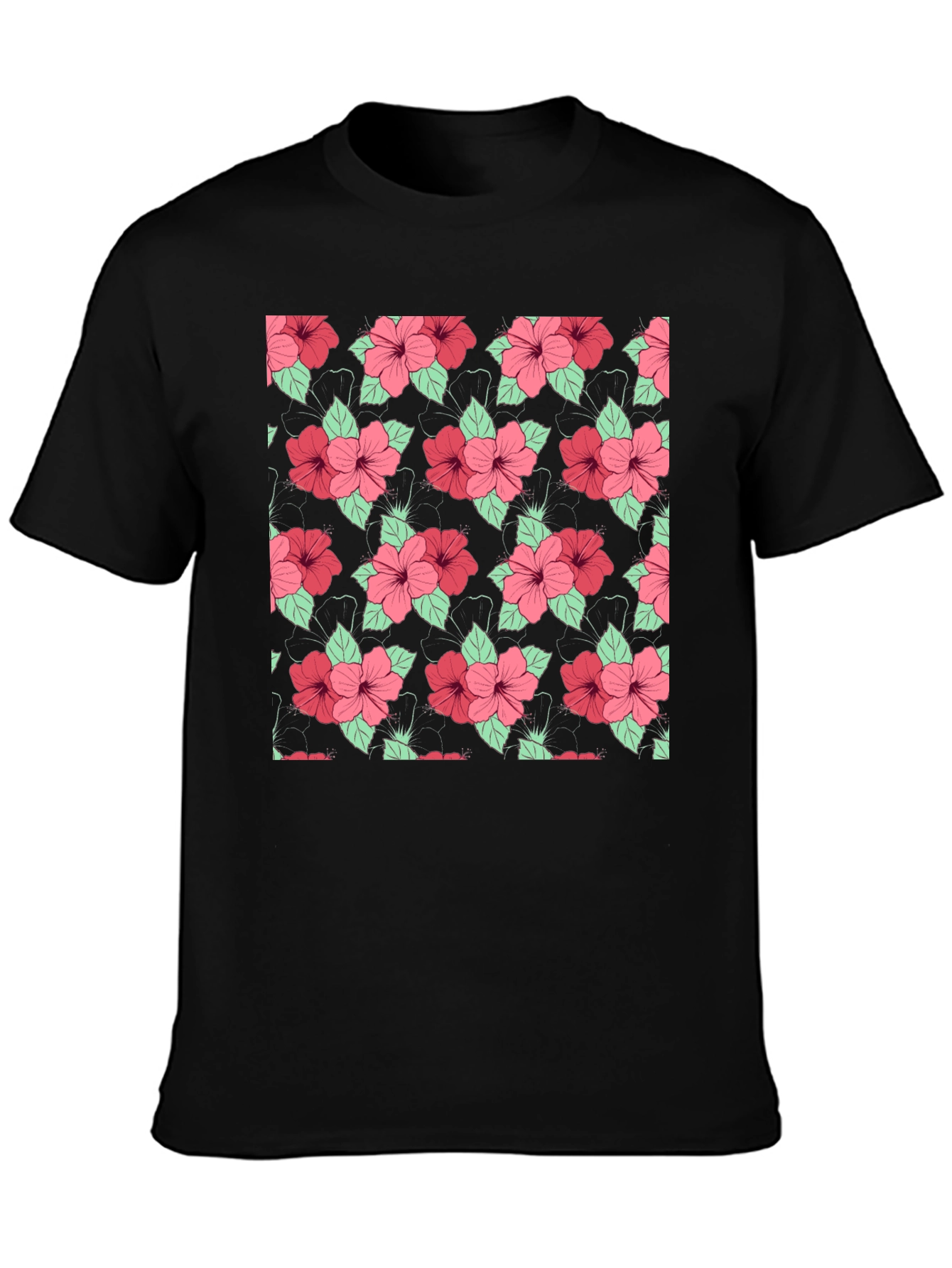 Floral Hibiscus Pattern Black T-Shirt