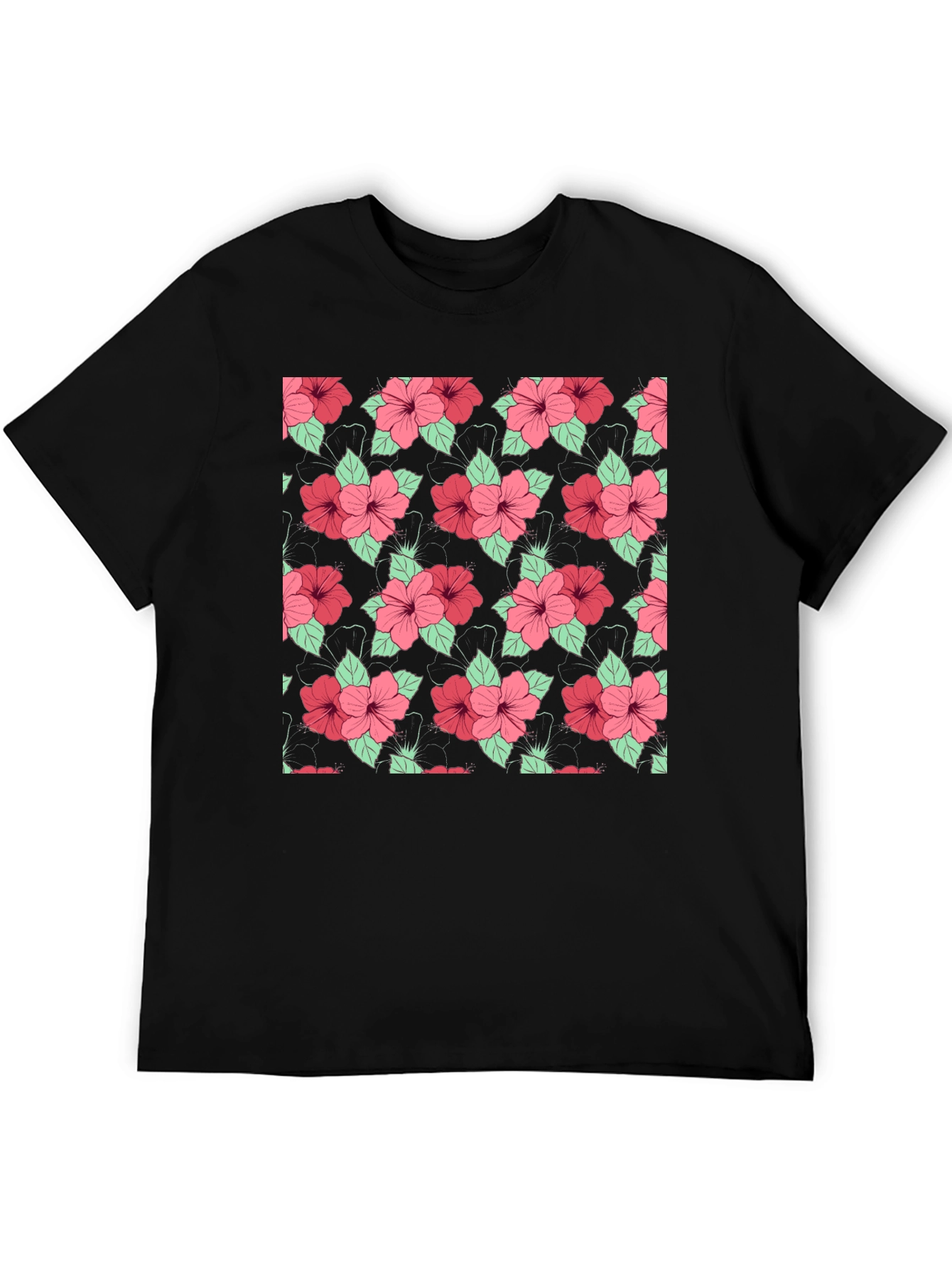 Floral Hibiscus Pattern Black T-Shirt
