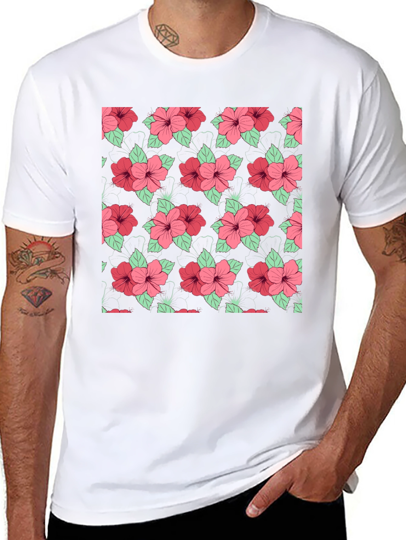 Floral Hibiscus Pattern Black T-Shirt