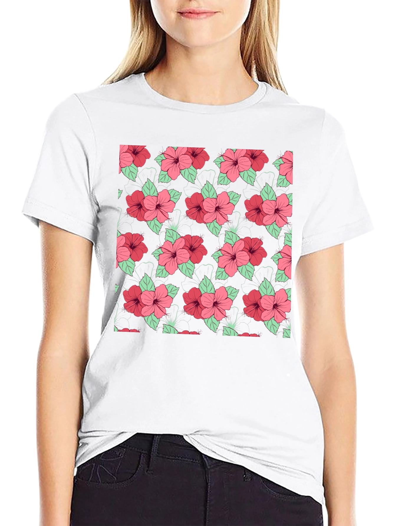 Floral Hibiscus Pattern Black T-Shirt