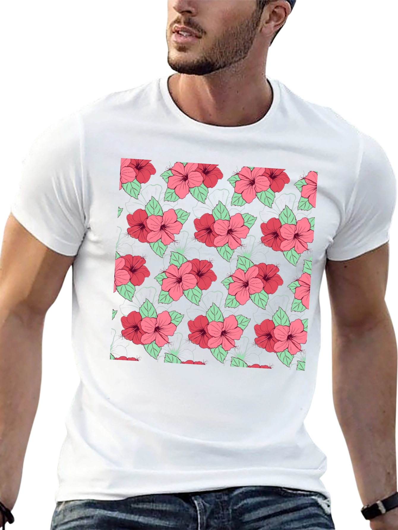 Floral Hibiscus Pattern Black T-Shirt