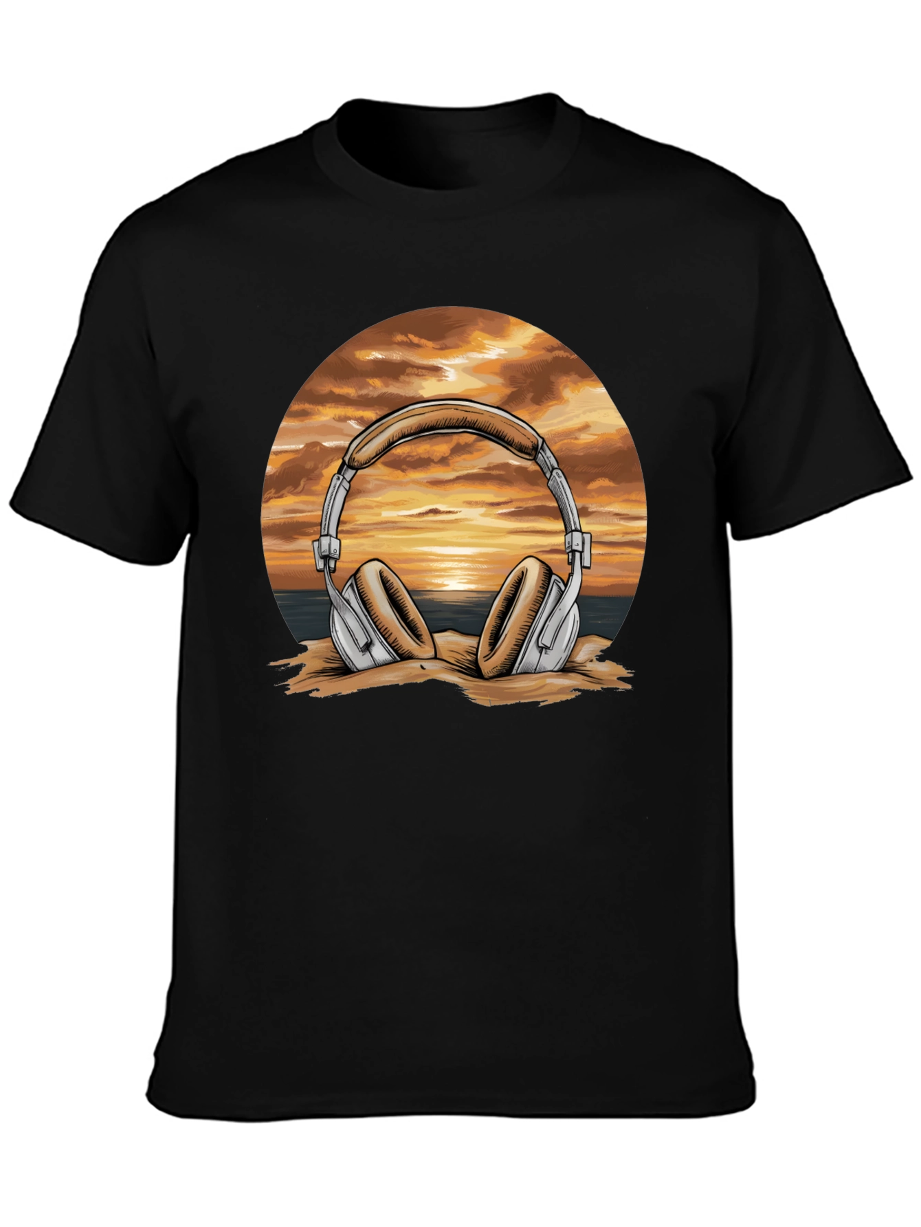 Sunset Headphones Graphic T-Shirt - Beach Vibes Music Tee