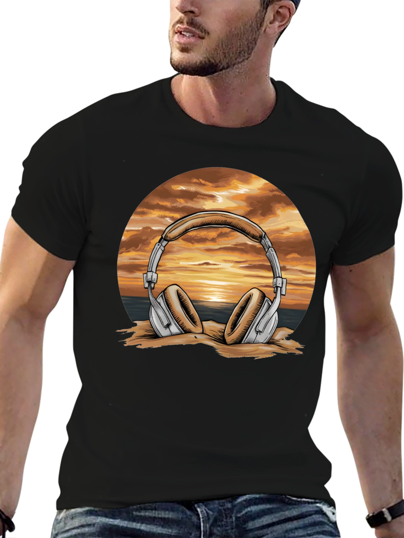 Sunset Headphones Graphic T-Shirt - Beach Vibes Music Tee