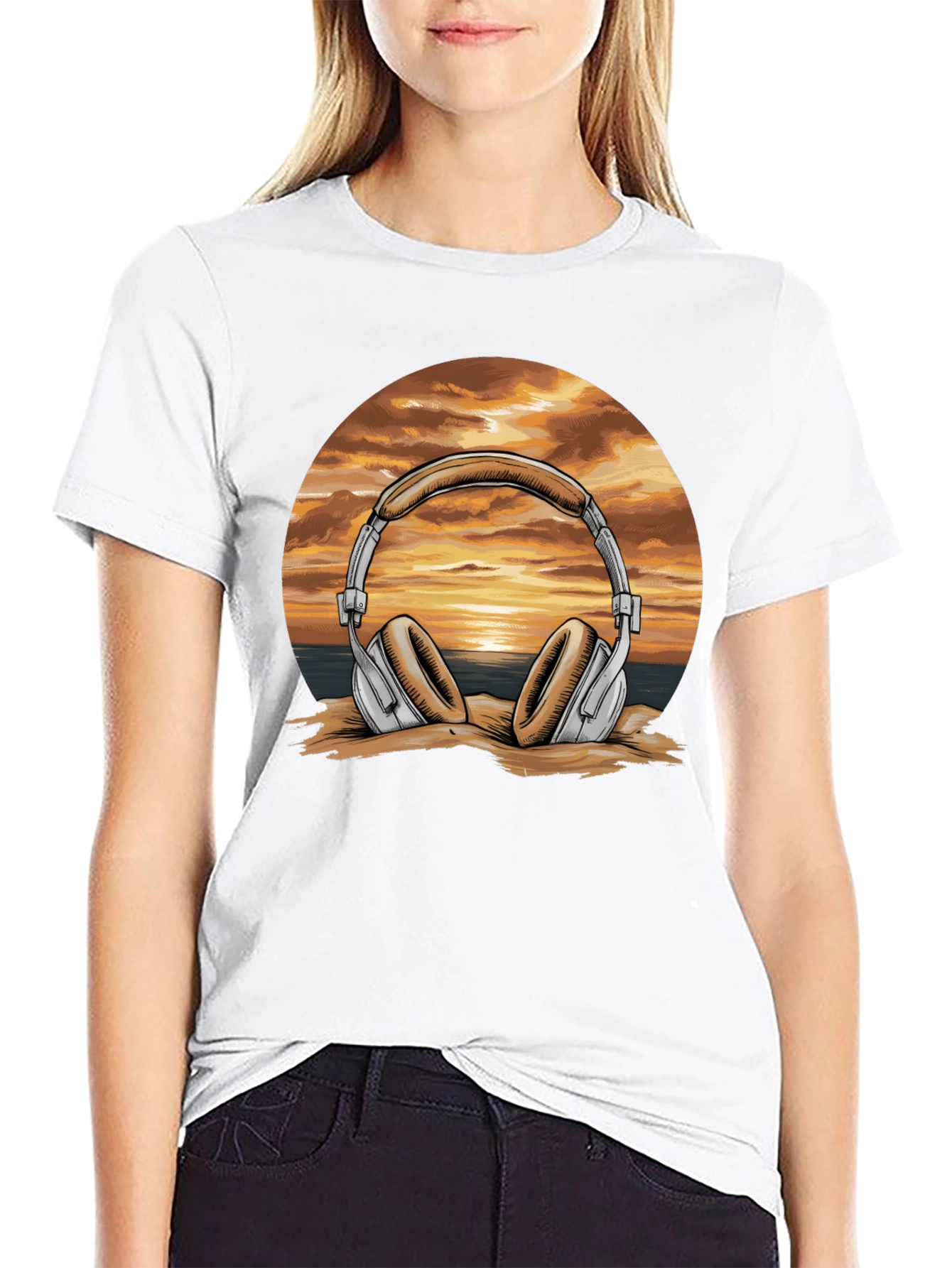 Sunset Headphones Graphic T-Shirt - Beach Vibes Music Tee